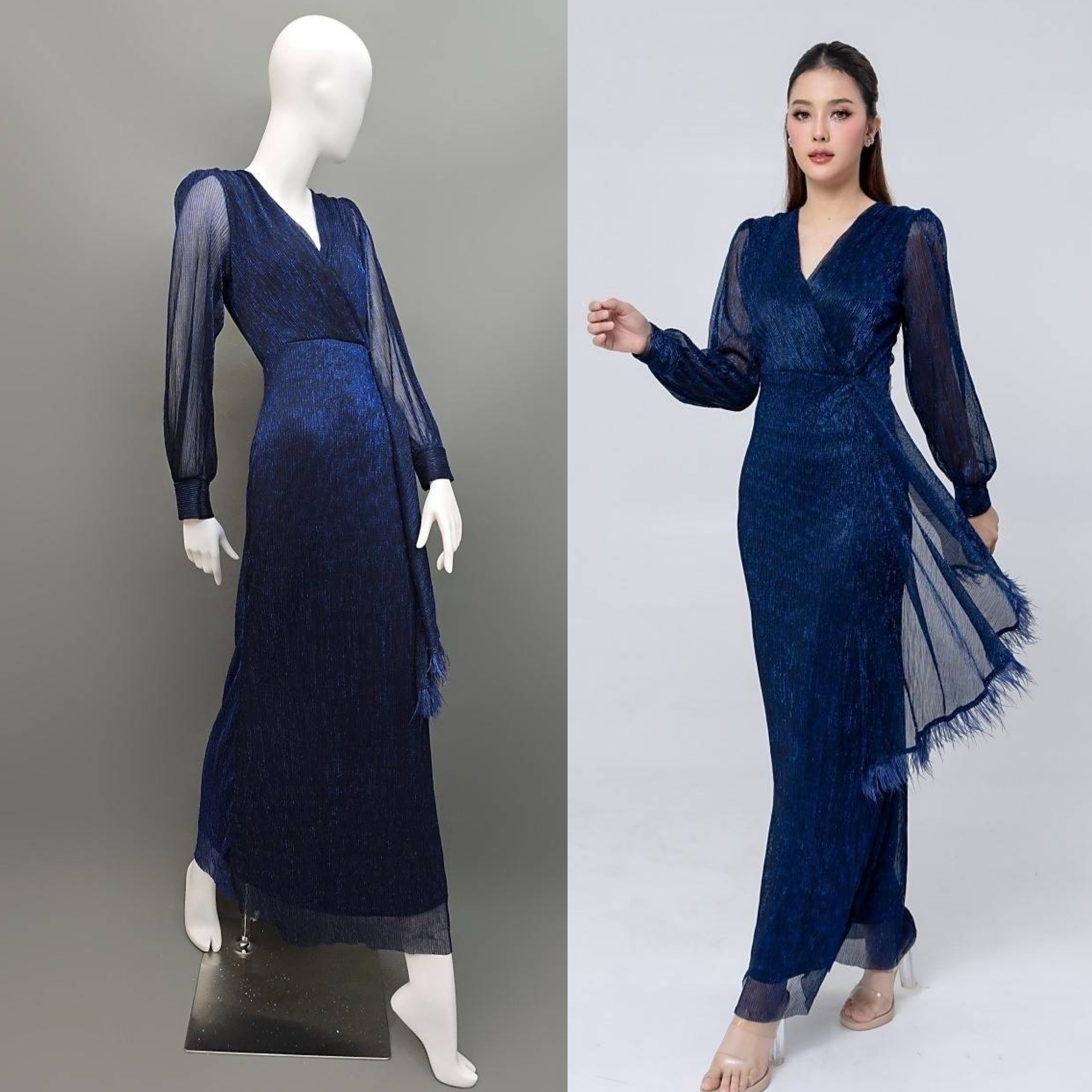 เดรสเสื้อคอวีป้ายแขนยาว กระโปรงยาวจับ เดรปข้างลำตัว ดีเทลแต่งชายระบายขนนก : สินค้าคุณภาพ (พร้อมส่ง)