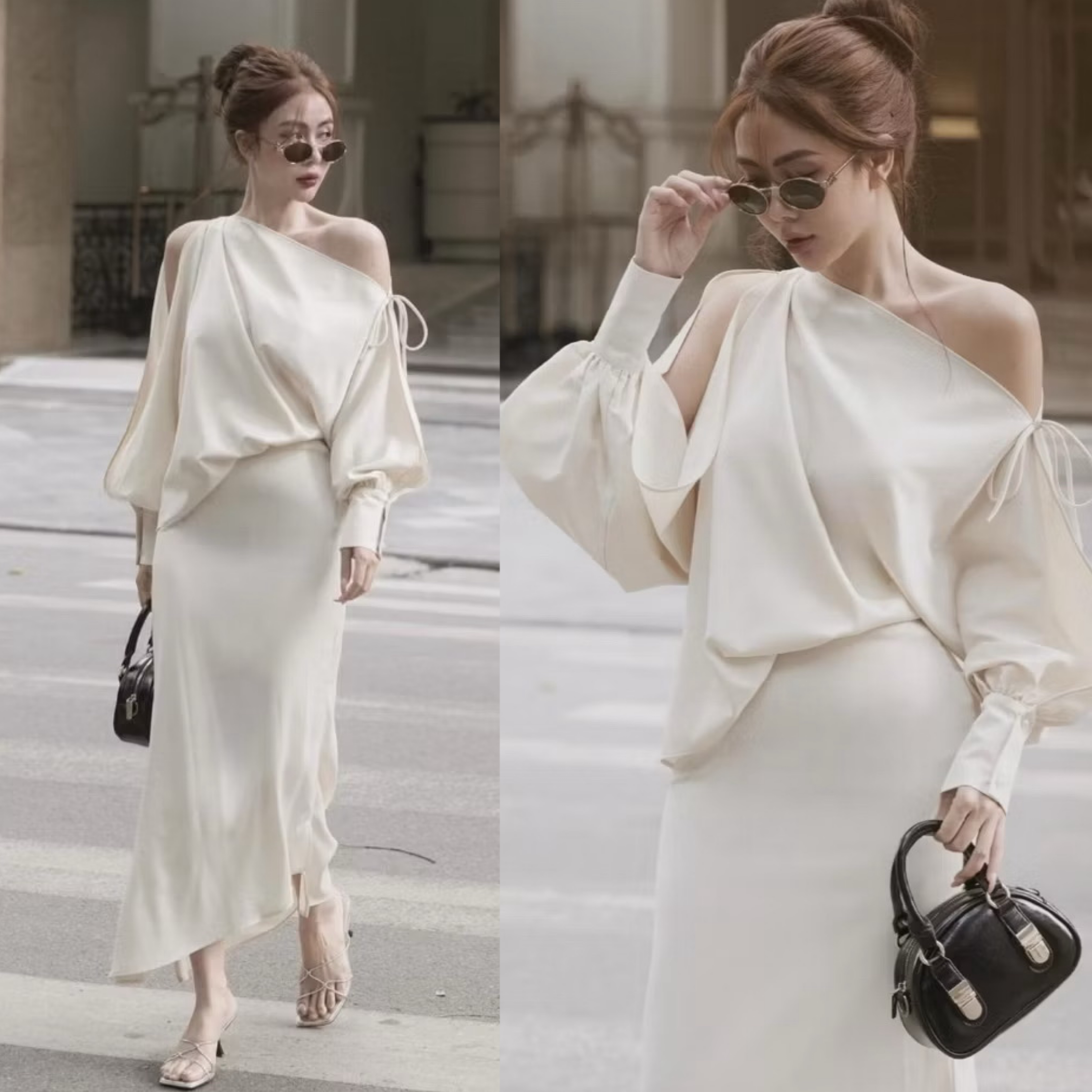 Set เสื้อแขนยาวดีไซน์ปาดไหล่ตกหนึ่งข้างแต่งผูกโบว์เก๋ๆ แขนผ่าตรงกลางทั้งสองข้าง ทรงoversize ใส่แบบปล่อยๆ +กระโปรงยาวปลายกระโปรงแต่งทรงเฉียง ใส่สบาย : สินค้าคุณภาพ (พร้อมส่ง)