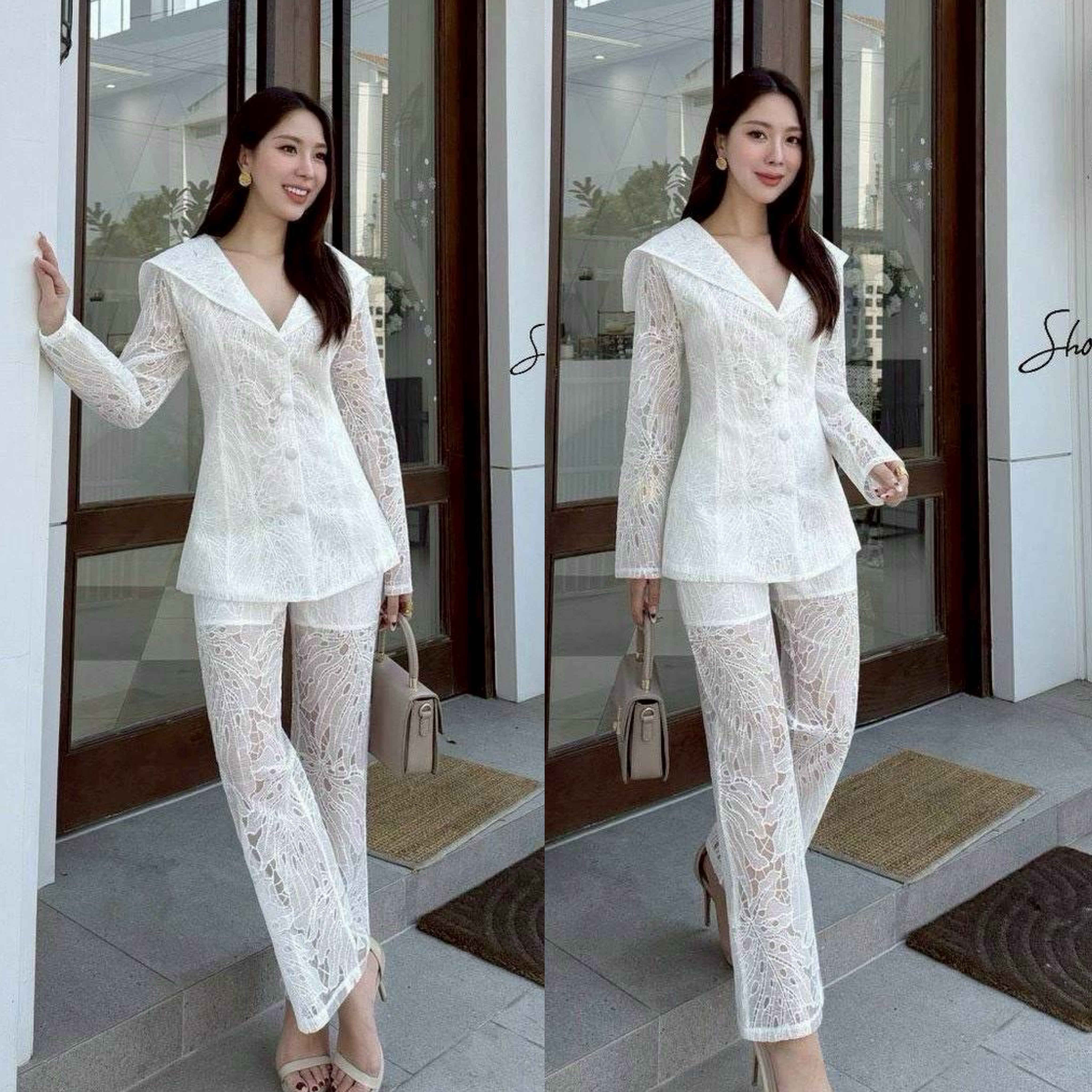 เซ็ตเสื้อ+กางเกง ลูกไม้เกรดพรีเมี่ยม บุซับ ทอลายในตัว สีขาว ใส่สบาย : สินค้าคุณภาพ (พร้อมส่ง)
