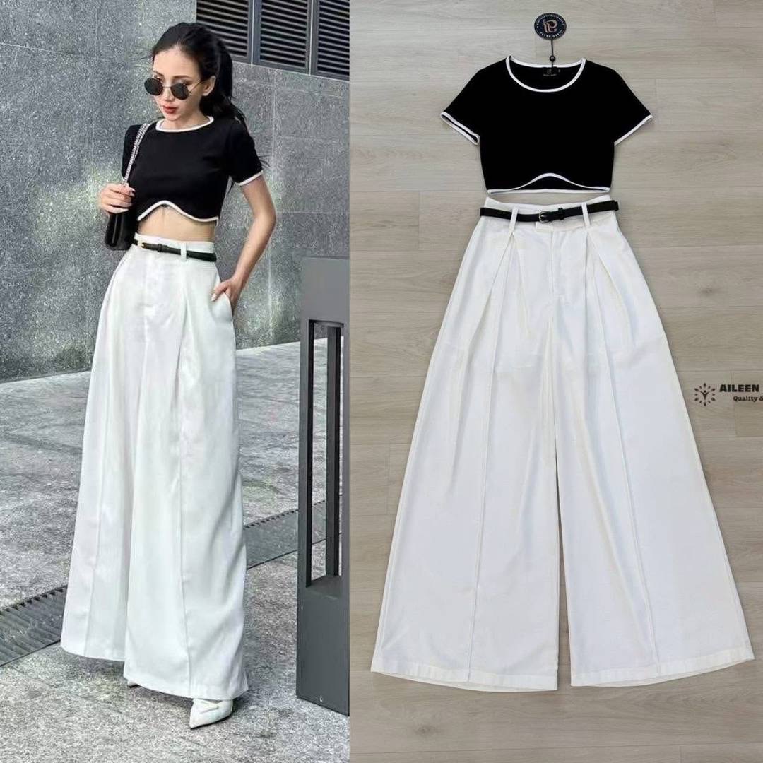 Set 2 ชิ้น เสื้อครอปผ้ายืดแขนสั้นดำกุ๊นขาว(ผ้ายืดได้ตามตัว) มาคู่กับกางเกงขายาวสีขาวเนื้อผ้าพริ้วใส่สบายมีตะขอและมีซิปหน้า (ไม่มีกระเป๋า) มาคู่เข็มขัดสีดำใส่แมทซ์กันสวย ใส่สบาย : สินค้าคุณภาพ (พร้อมส่ง)
