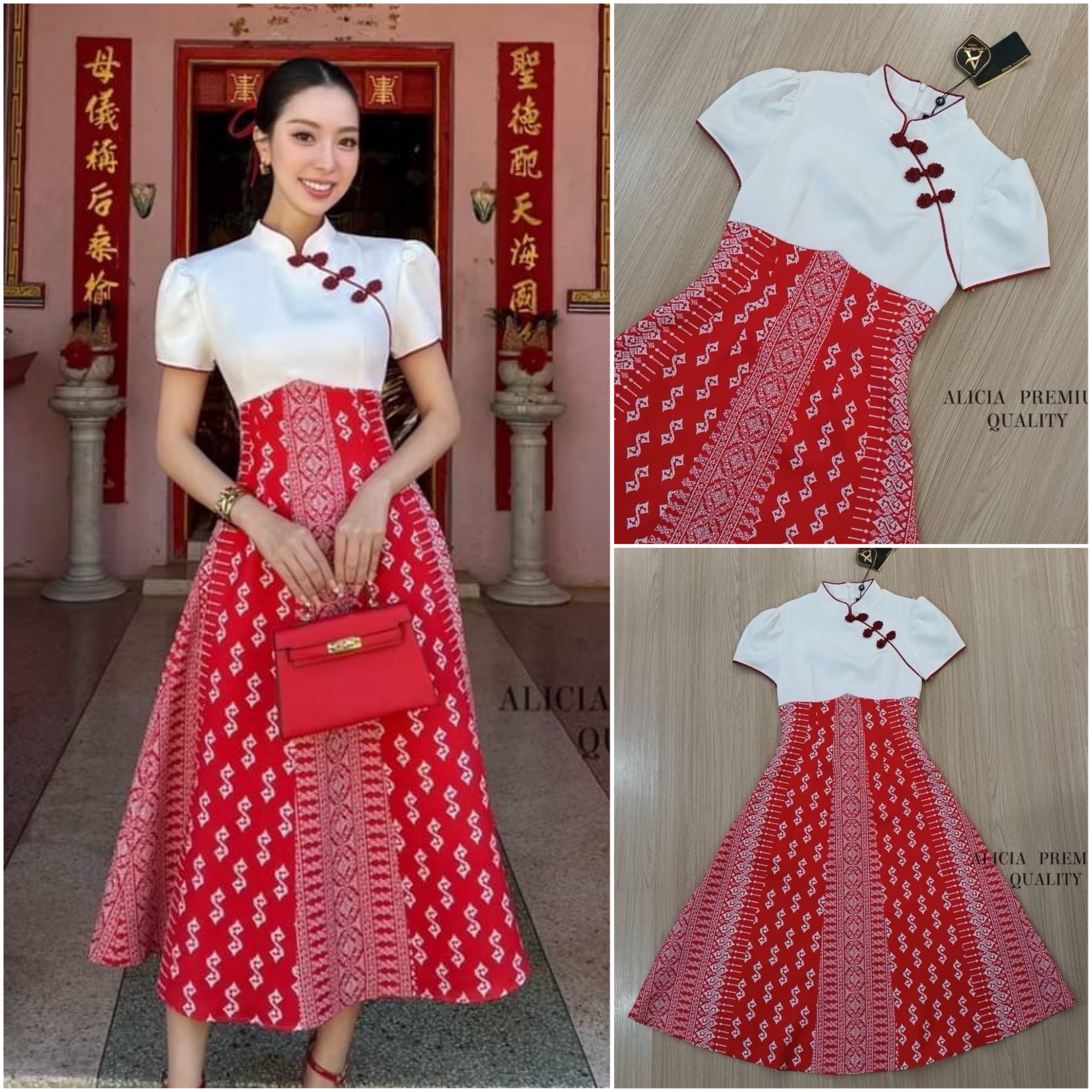 เดรสยาวจีนแบบดั้งเดิม แขนสั้นคอจีน ช่วง บนสีขาวแต่งเฉียงติดกระดุมจีนสีแดง ครึ่งตัวล่าง แต่งด้วยลายผ้าถุงประยุกต์ ใส่สบาย : สินค้าคุณภาพ (พร้อมส่ง)