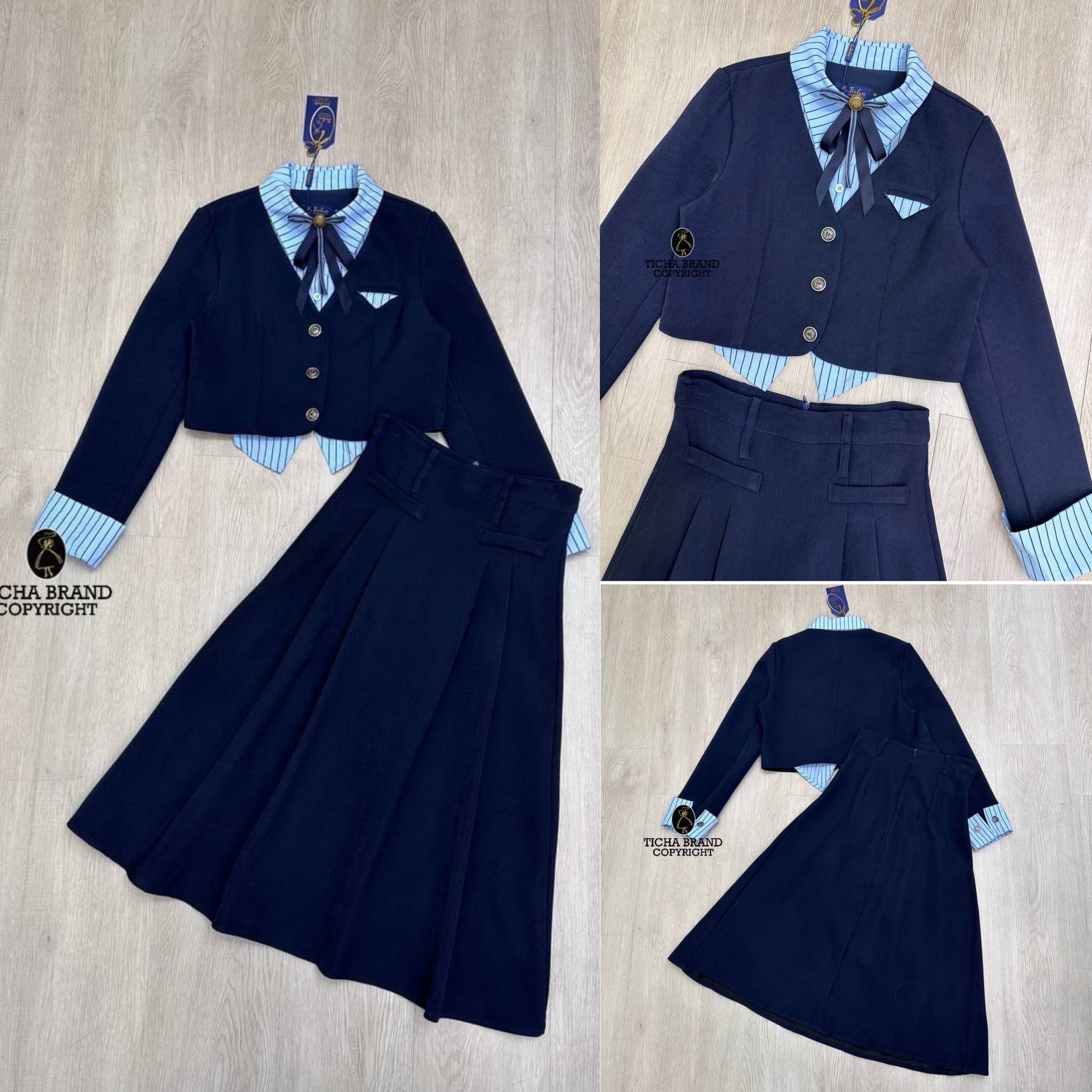 set2ชิ้น สีครบเสื้อคอปกแขนยาวทรงกั๊กด้านหน้า มาพร้อมกลัดโบว์ และมาคู่กับกระโปรง หน้าจับจีบด้านหลังแต่งเรียบ(ซิปหลัง) งานสวย ทรงสวย สินค้าคุณภาพ (พร้อมส่ง)