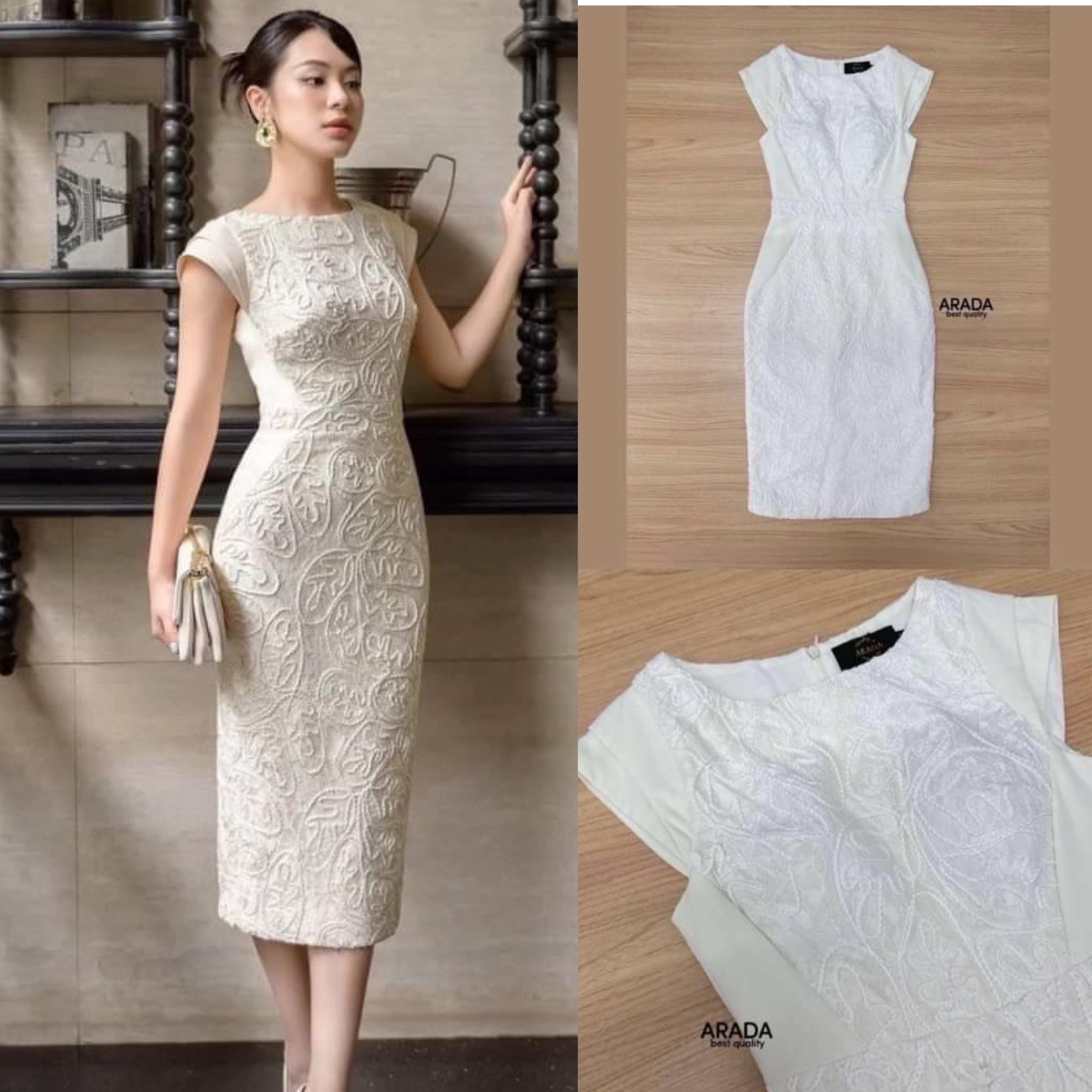 เดรสยาว งานผ้ามีเทคเจอร์นะคะ แต่วช่วงแขน 2 ระดับ ดูดีมากจ้า มีฟองน้ำเสริม ซับในอย่างดี ใส่ออกงาน ทำบุญ ใส่สบาย สินค้าคุณภาพ (พร้อมส่ง)