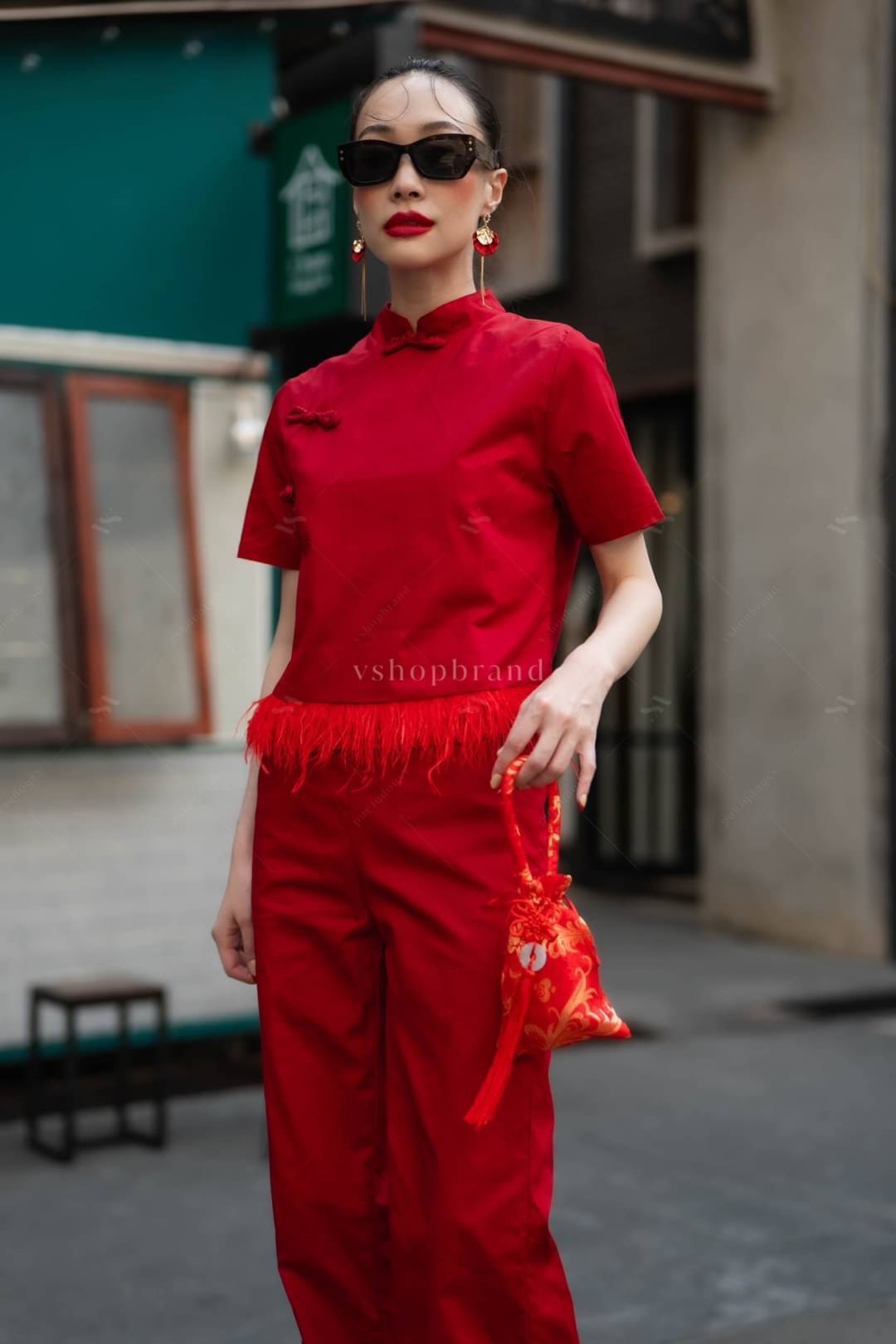 ชุดกี่เพ้า เสื้อคอจีนแขนสั้น ชายแต่งขน +กางเกงขายาว ใส่สบาย : สินค้าคุณภาพ (พร้อมส่ง)