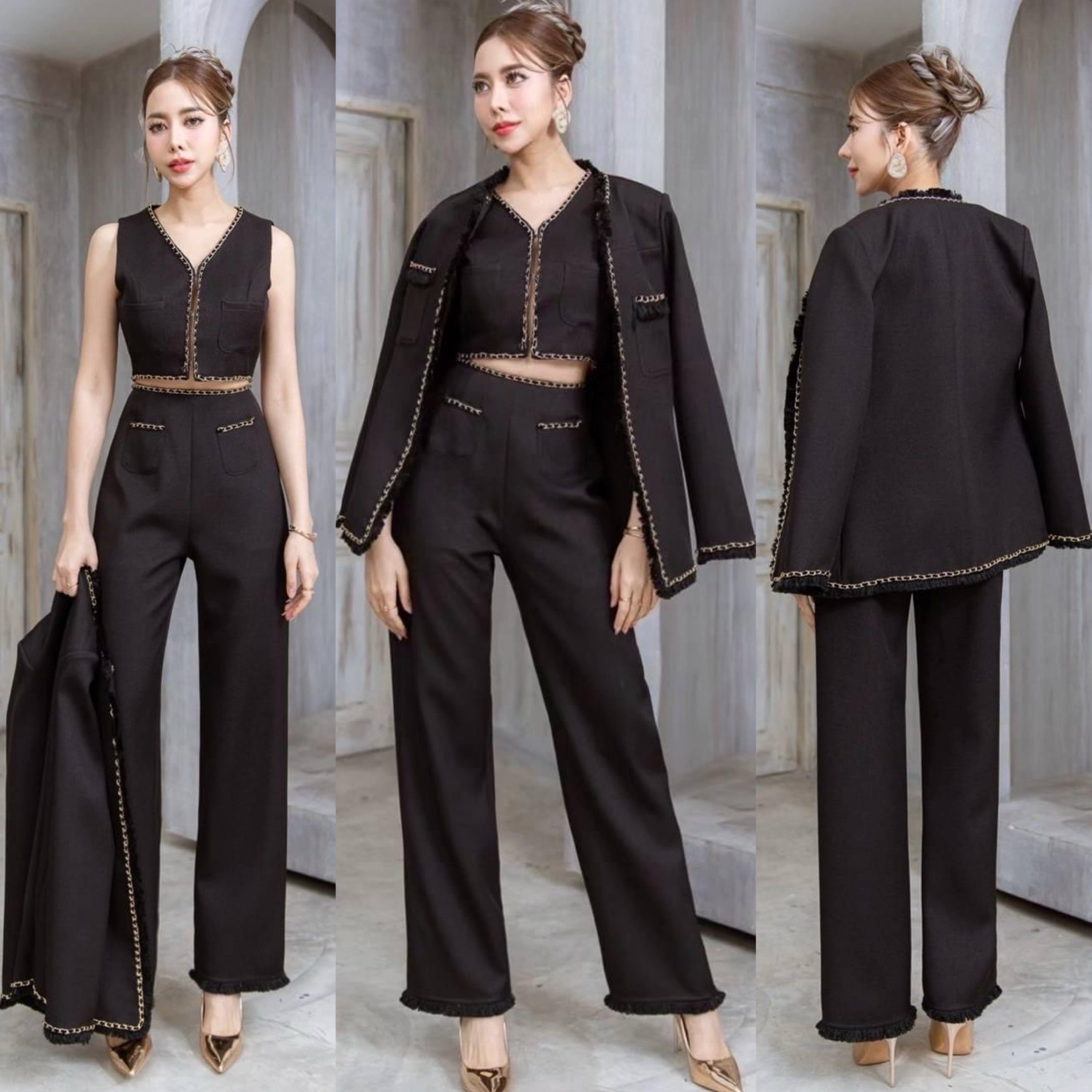 เซต 3 ชิ้น ผ้าทวิตเกรดA แต่งโซ่ทอง ตัวเสื้อกั๊กด้านในเป็นครอปคอวีแขนกุด แต่งขอบด้วยโซ่ทองร้อยริบบิ้นกำมะหยี่สี+เสื้อคลุมทรงกึ่งเข้ารูป+กางเกงเอวสูงทรงขากระบอก สินค้าคุณภาพ (พร้อมส่ง)