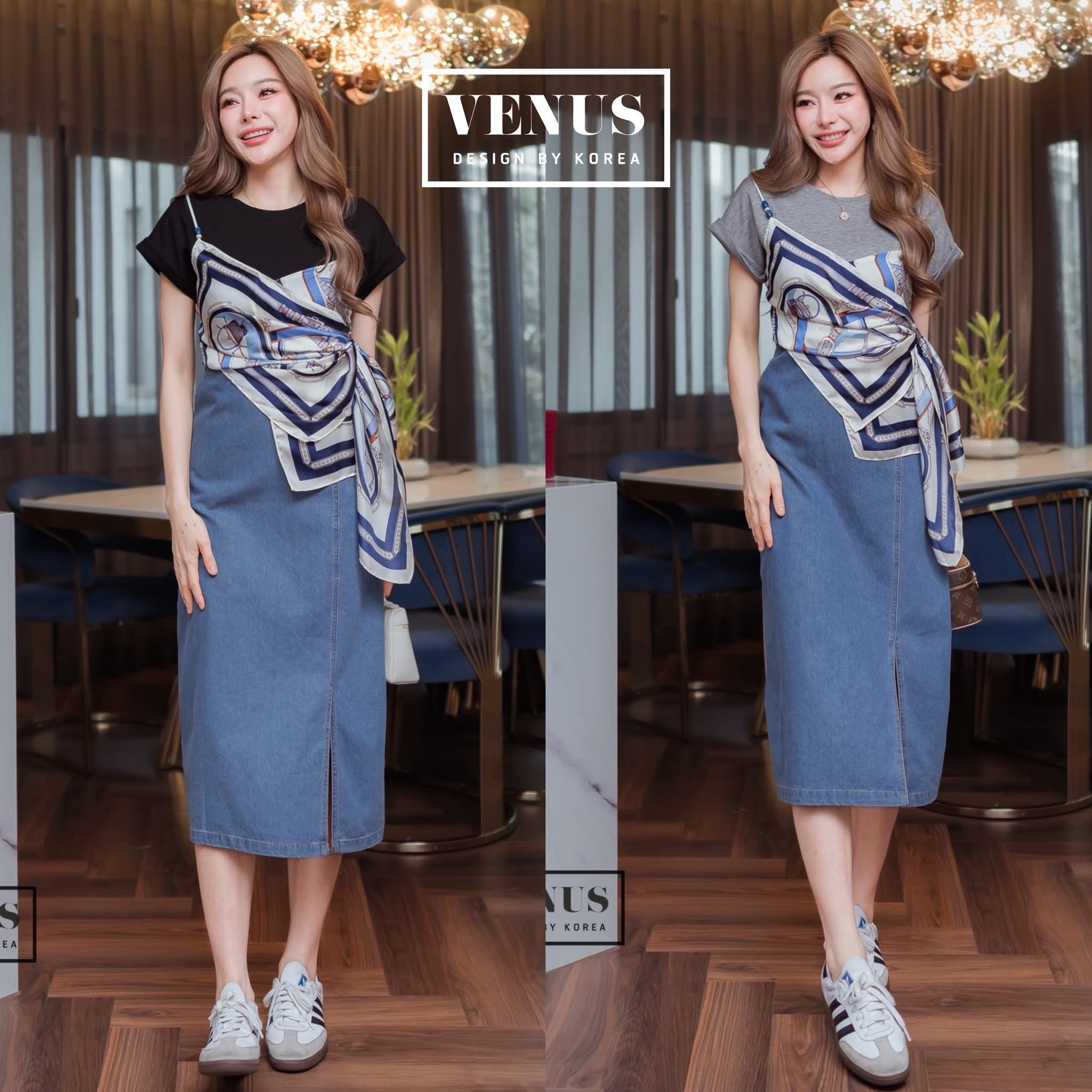 เดรสแต่งผ้ายีน ด้านหน้าแต่งผ้าซาตินเนื้อดี พิมพ์ลายกราฟฟิค ใส่สบาย : สินค้าคุณภาพ (พร้อมส่ง)