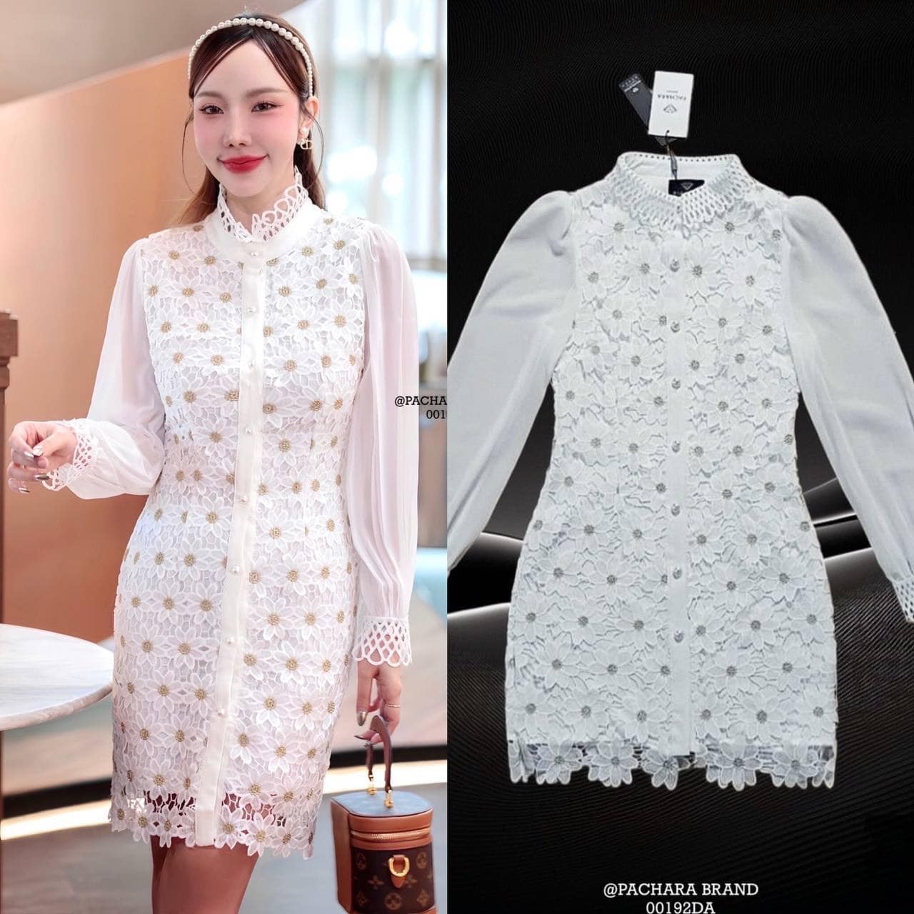 เดรสสั้นคอปกแขนยาวสีขาวทรงเข้ารูป ใส่สบาย สินค้าคุณภาพ (พร้อมส่ง)