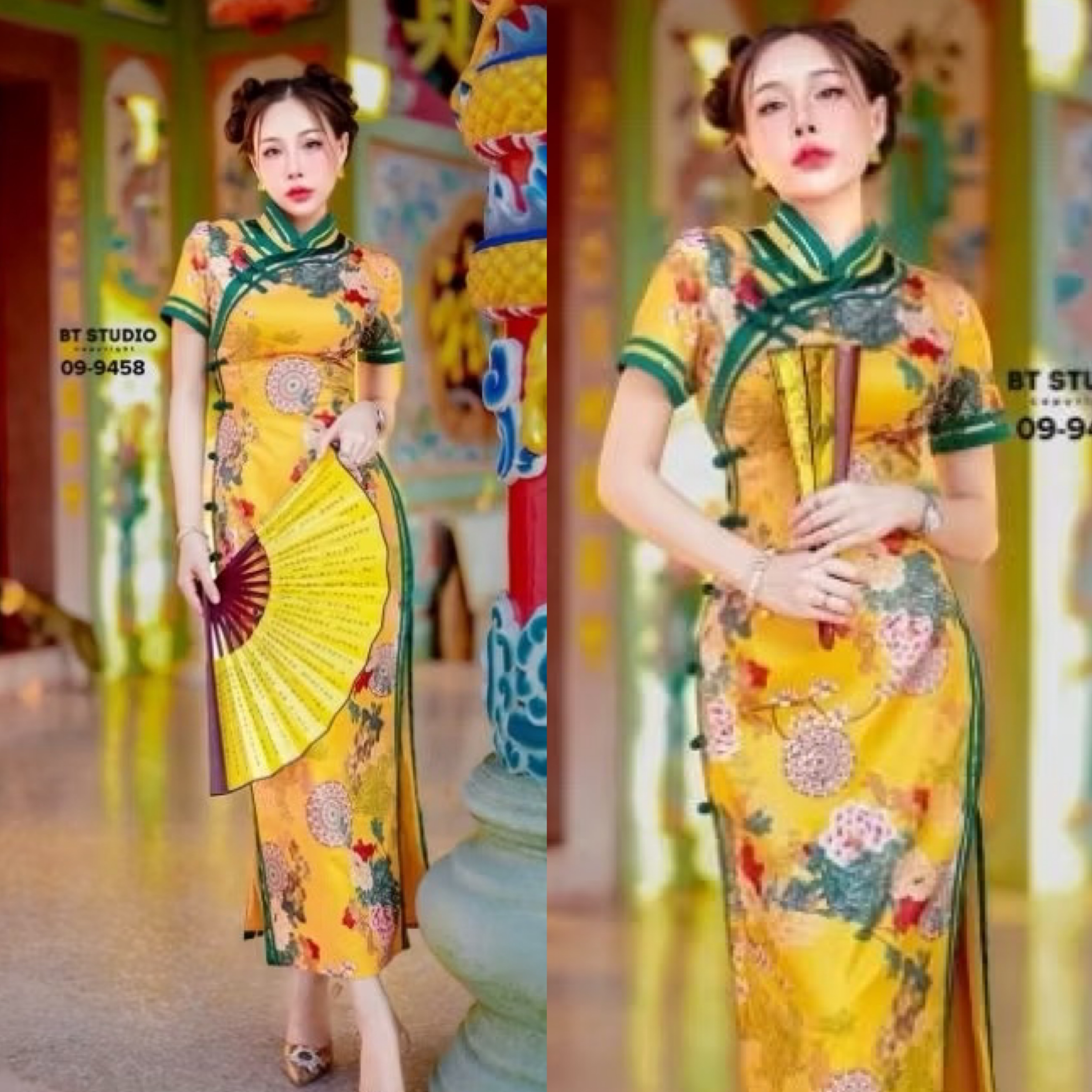 เดรสกี่เพ้าคอจีนแต่งกระดุมและกุ้นแทบจีน ตัดลายผ้าลายดอกไม้ งานสวย หรู ดูแพง คัตติ๊งสวยมาก ๆ ค่ะ ใส่สบาย : สินค้าคุณภาพ (พร้อมส่ง)