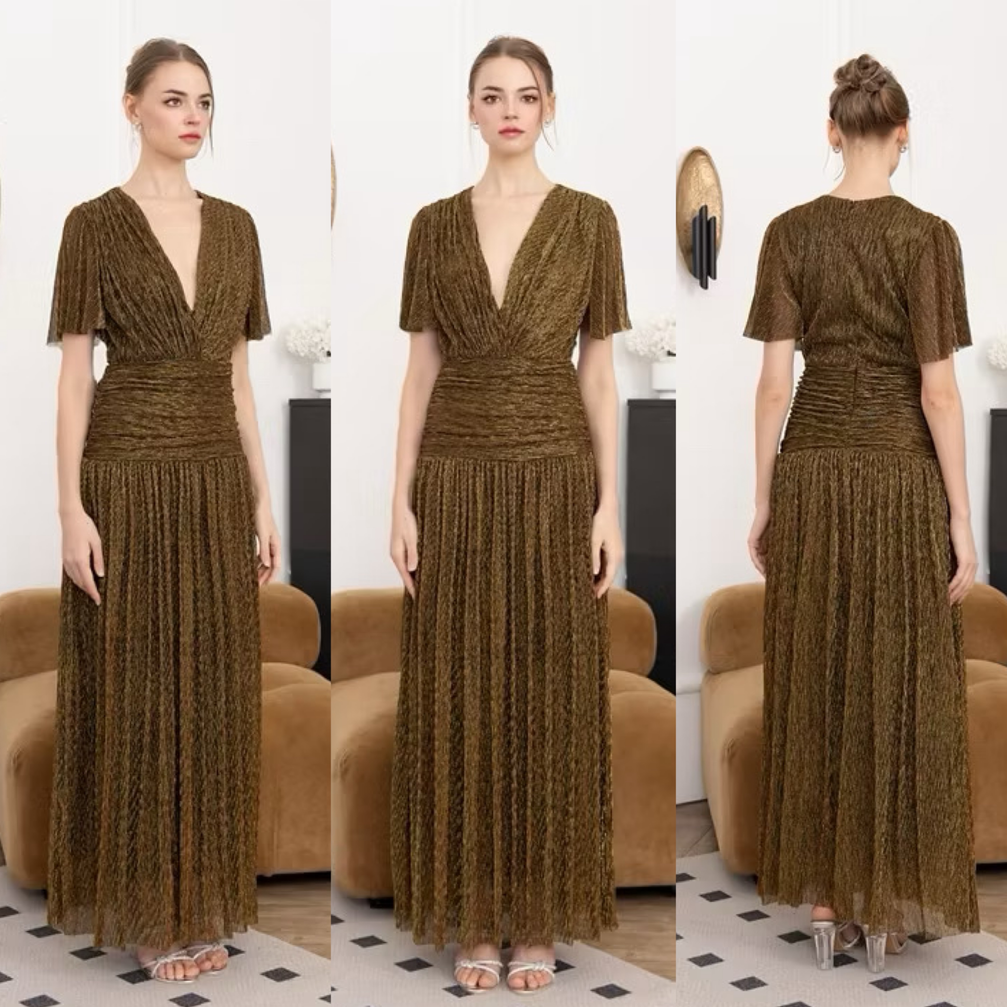 แม็กซี่เดรสเสื้อคอวีป้าย แขนระบาย กระโปรงจับเดรปเข้ารูปตรงสะโพก ต่อชาย กระโปรงบาน ใส่สบาย : สินค้าคุณภาพ (พร้อมส่ง)