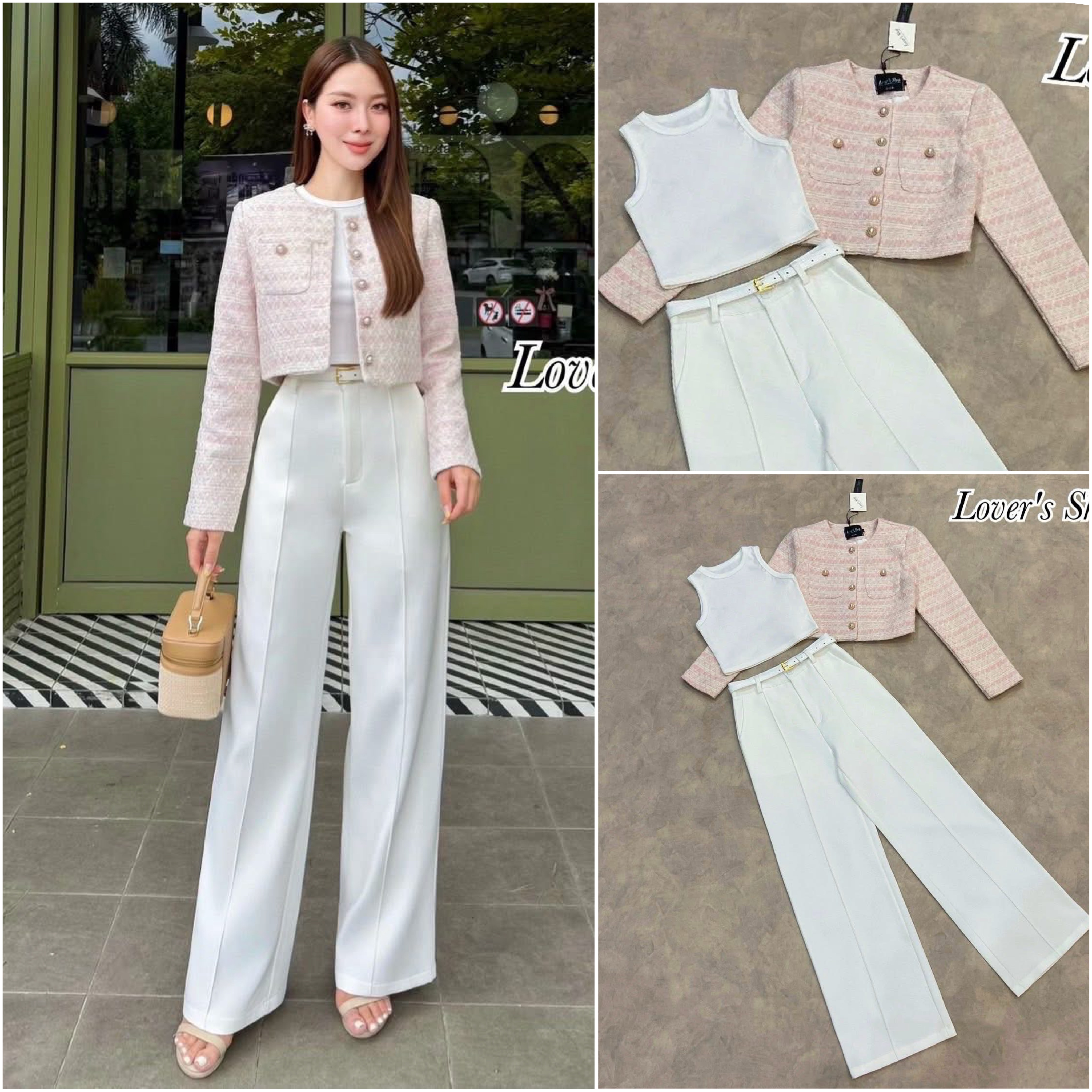 Set 4ชิ้น (เสื้อคลุม+เสื้อแขนกุด+กางเกง+เข็มขัด) ใส่สบาย : สินค้าคุณภาพ (พร้อมส่ง)