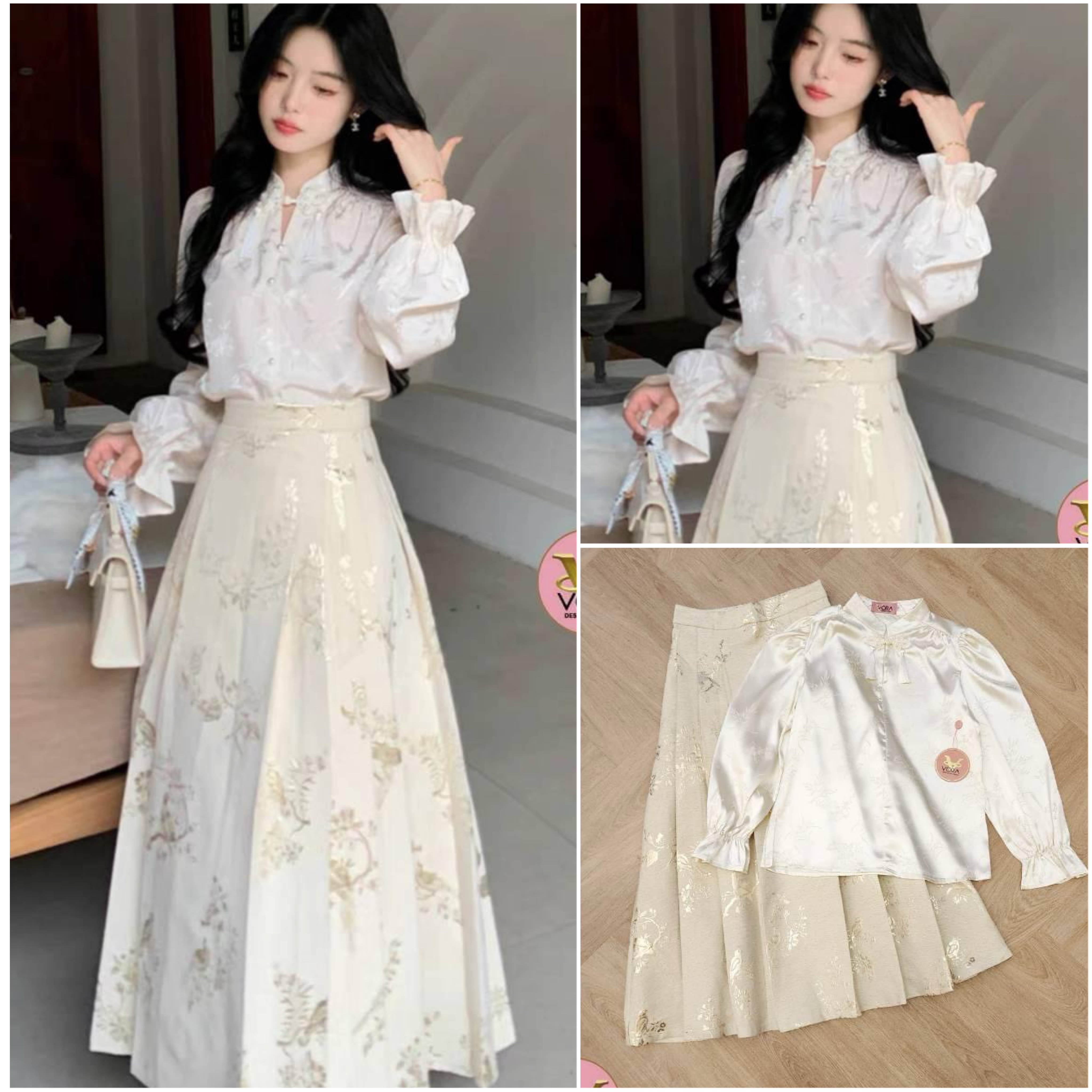 Set เสื้อคอจีน แขนยาวปลายแขนแต่ง สม็อคบาน มาพร้อมกระโปรงยาว ทรงบานกำลังสวย ใส่สบาย สินค้าคุณภาพ (พร้อมส่ง)