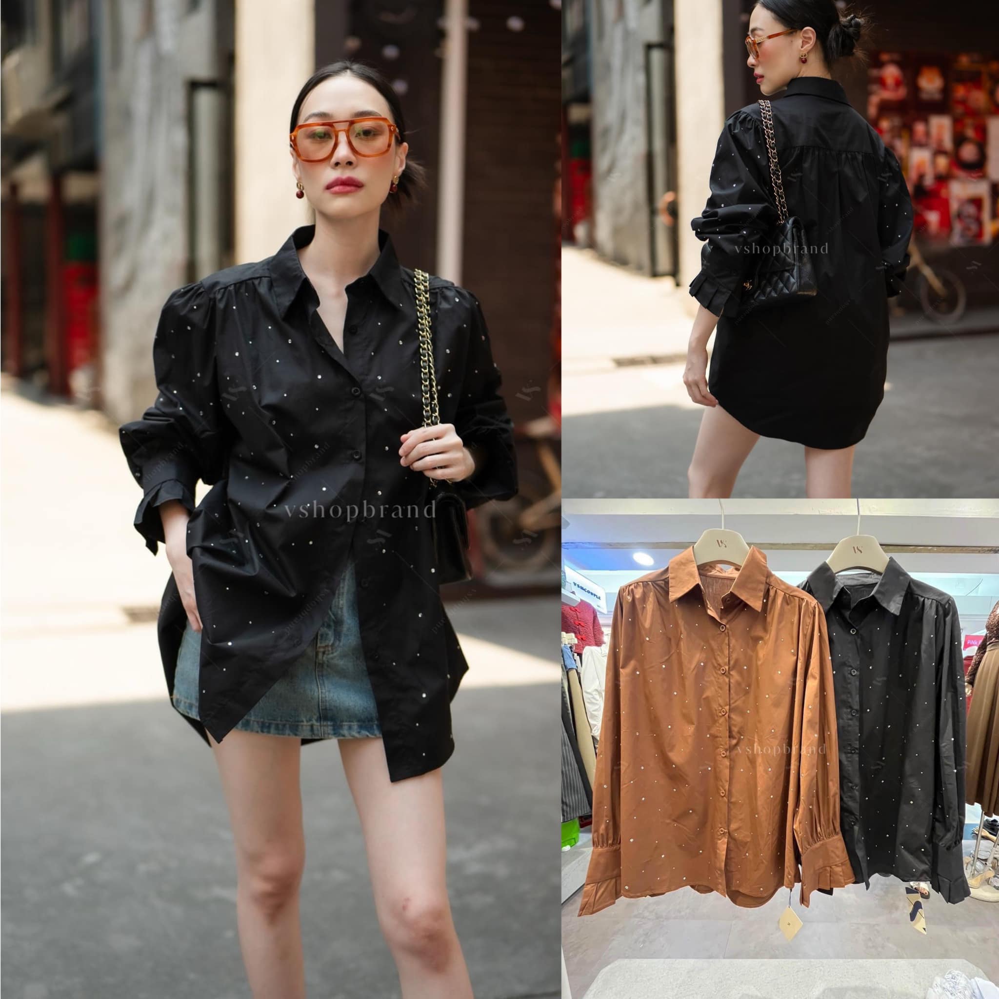 เชิ้ตแต่งเพชรเม็ดเล็กด้านหน้า ทรงสวย ใส่สบาย : สินค้าคุณภาพ (พร้อมส่ง)