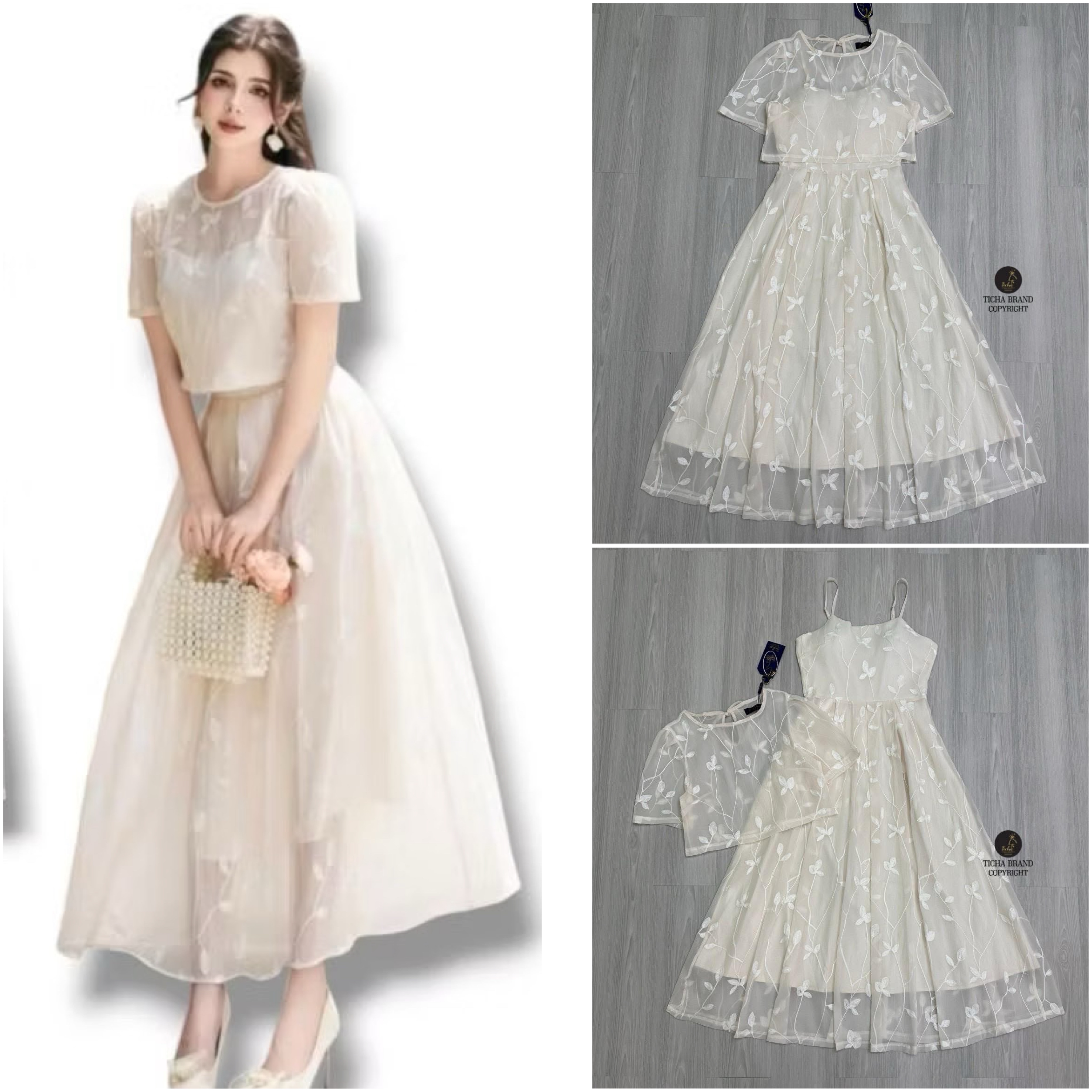 Set 2 ชิ้น สีครีมปักดอกด้ายนูน เดรสยาวสายเดี่ยวช่วงกระโปรงพองพริ้วสวย (อกเสริมฟองน้ำมีซิปหลัง) มาคู่กับเสื้อครอปตัวนอกซีทรูใสแมทส์คู่กันสวยลงตัวมากๆ งานสวย ใส่สบาย : สินค้าคุณภาพ (พร้อมส่ง)