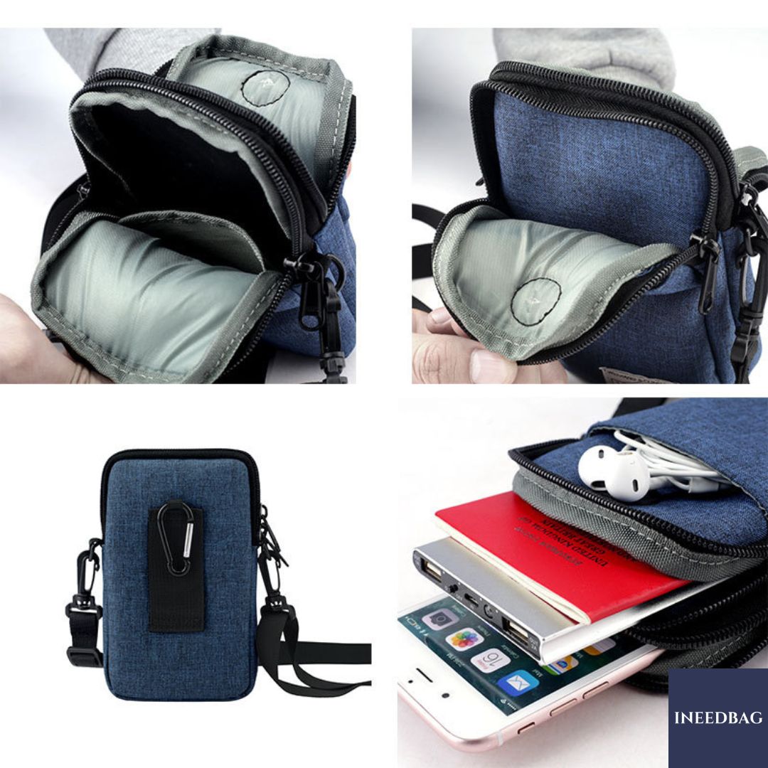 กระเป๋าสะพายคาดลำตัว กระเป๋าสะพายไหล่ กระเป๋าใส่โทรศัพท์มือถือ สายยาวปรับระดับ-ถอดจากตัวกระเป๋าได้ กระเป๋าเกี่ยวกับเข็มขัดได้ มี 3 สีให้เลือก