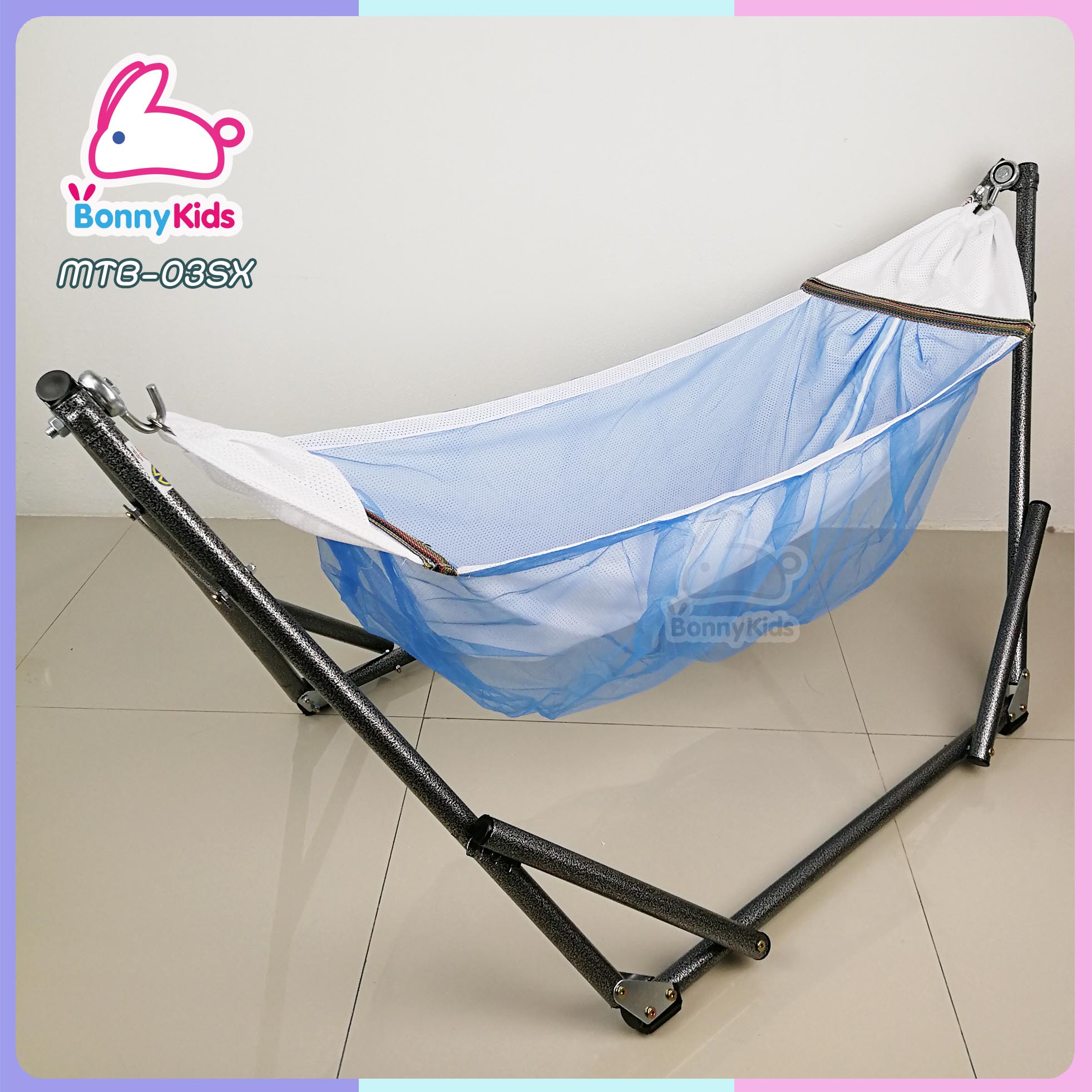 (13190+13191) เปลญวนเด็กอ่อน สีสันสวยงาม พร้อมมุ้งครอบกันยุงและแมลง สีฟ้า