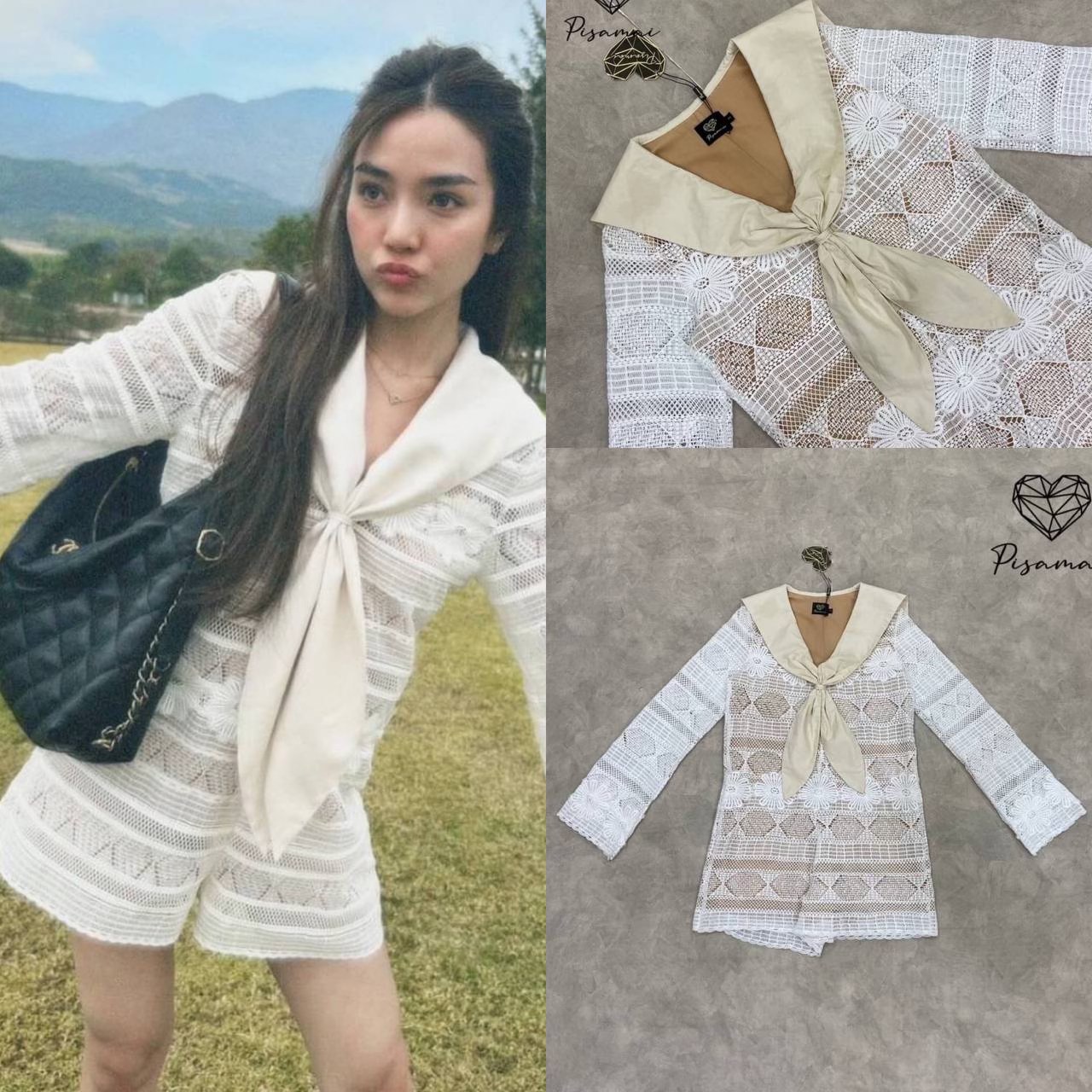 จั้มสูทกะลาสีขาสั้นงานฉลุลูกไม้สีขาว ช่วงปกเป็นโบว์ผูกสีครีม ตามหากันเยอะมากๆ ใส่สบาย สินค้าคุณภาพ (พร้อมส่ง)