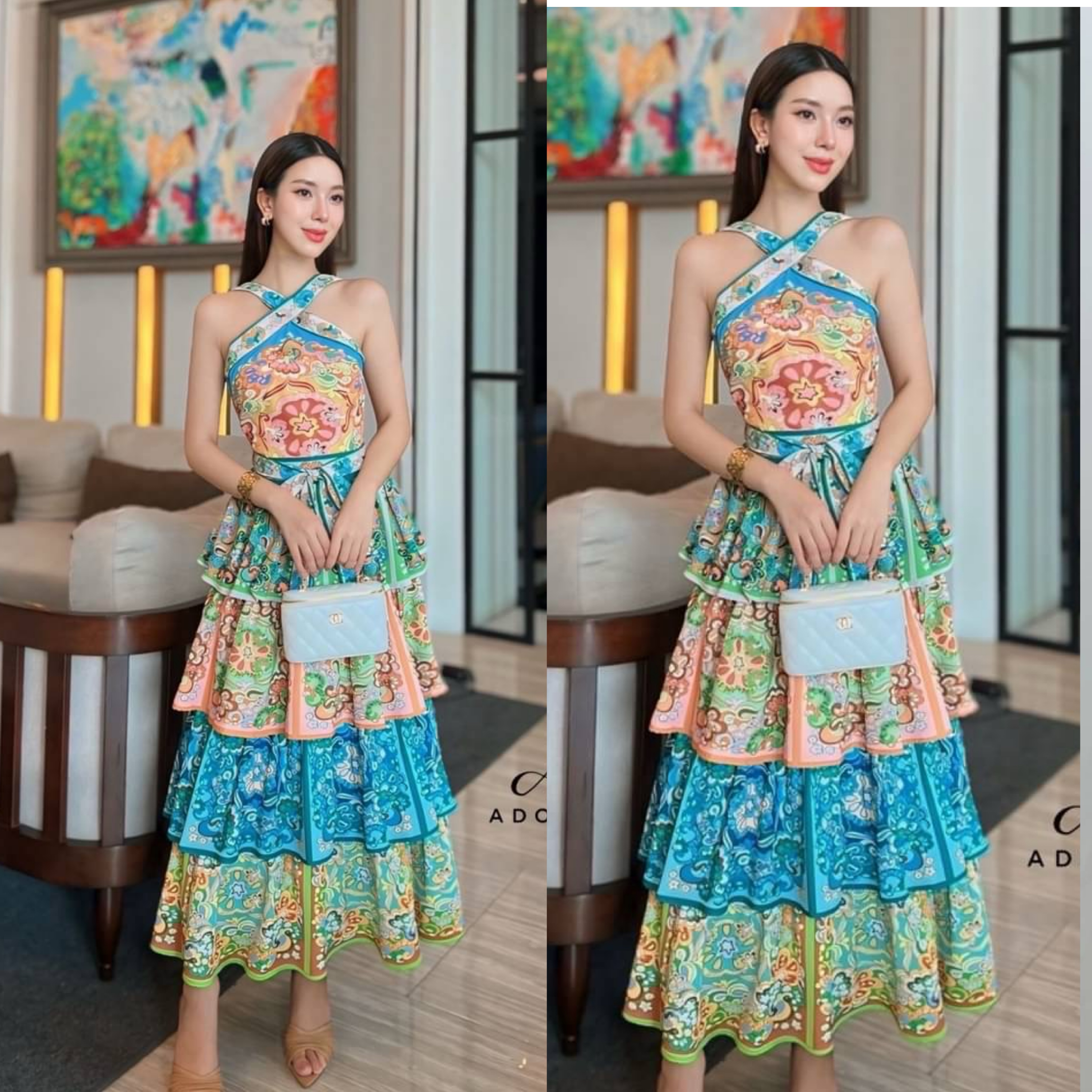 แม๊คซี่เดรส สายไขว้พิมพ์ลายสีสันสดใส ลายสวยคมชัด ช่วงกระโปรง แต่งระบายชั้นๆ ใส่สบาย สินค้าคุณภาพ (พร้อมส่ง)