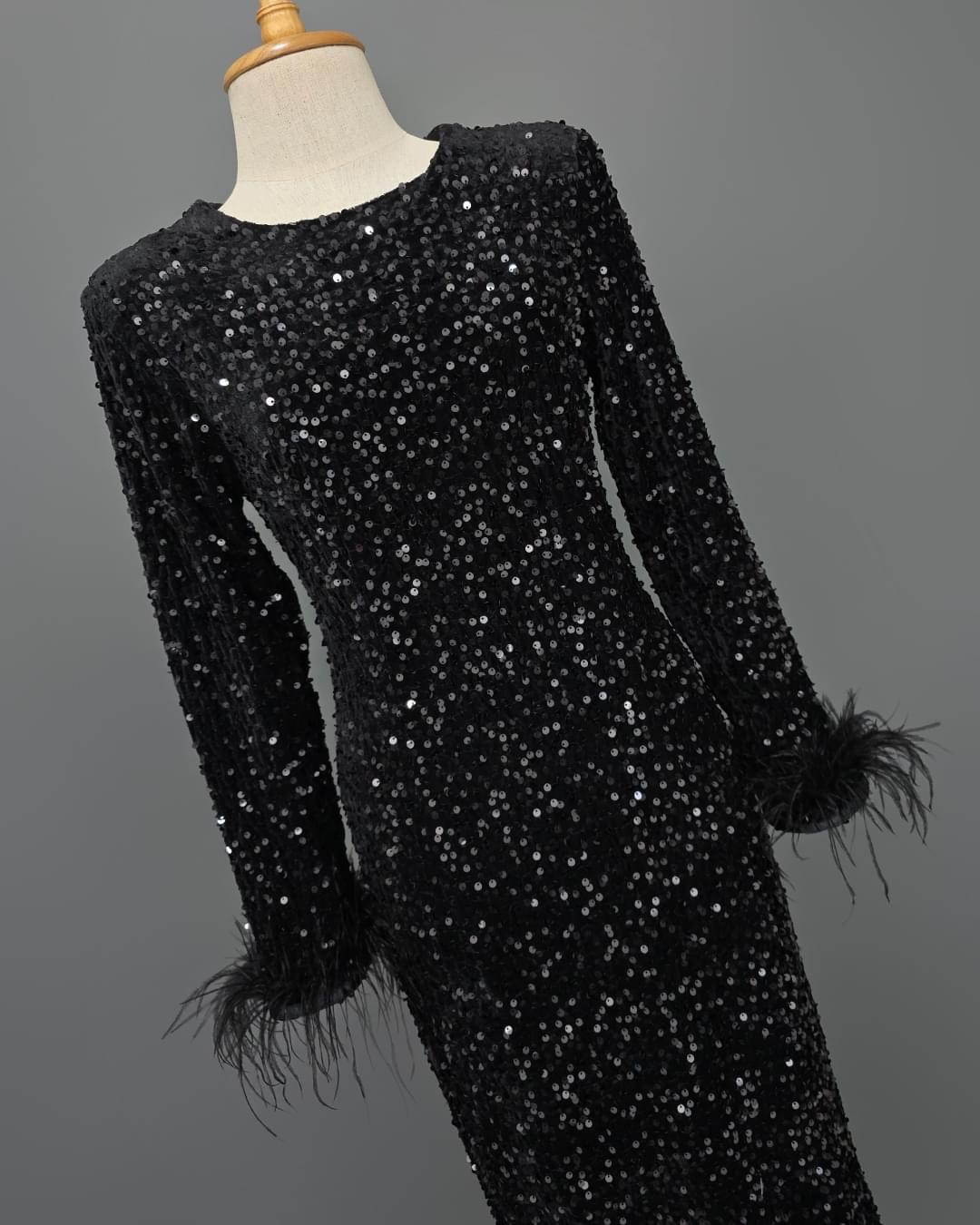 เดรสตัวยาว คอกลมแขนยาว แพทเทิร์น ทรงสวย ปลายแขนแต่งด้วยขนนก ปักเลื่อมเล่นแสงระยิบระยับทั้งตัว มีซิปซ่อนและซับในเต็มตัวค่ะ ใส่สบาย : สินค้าคุณภาพ (พร้อมส่ง)