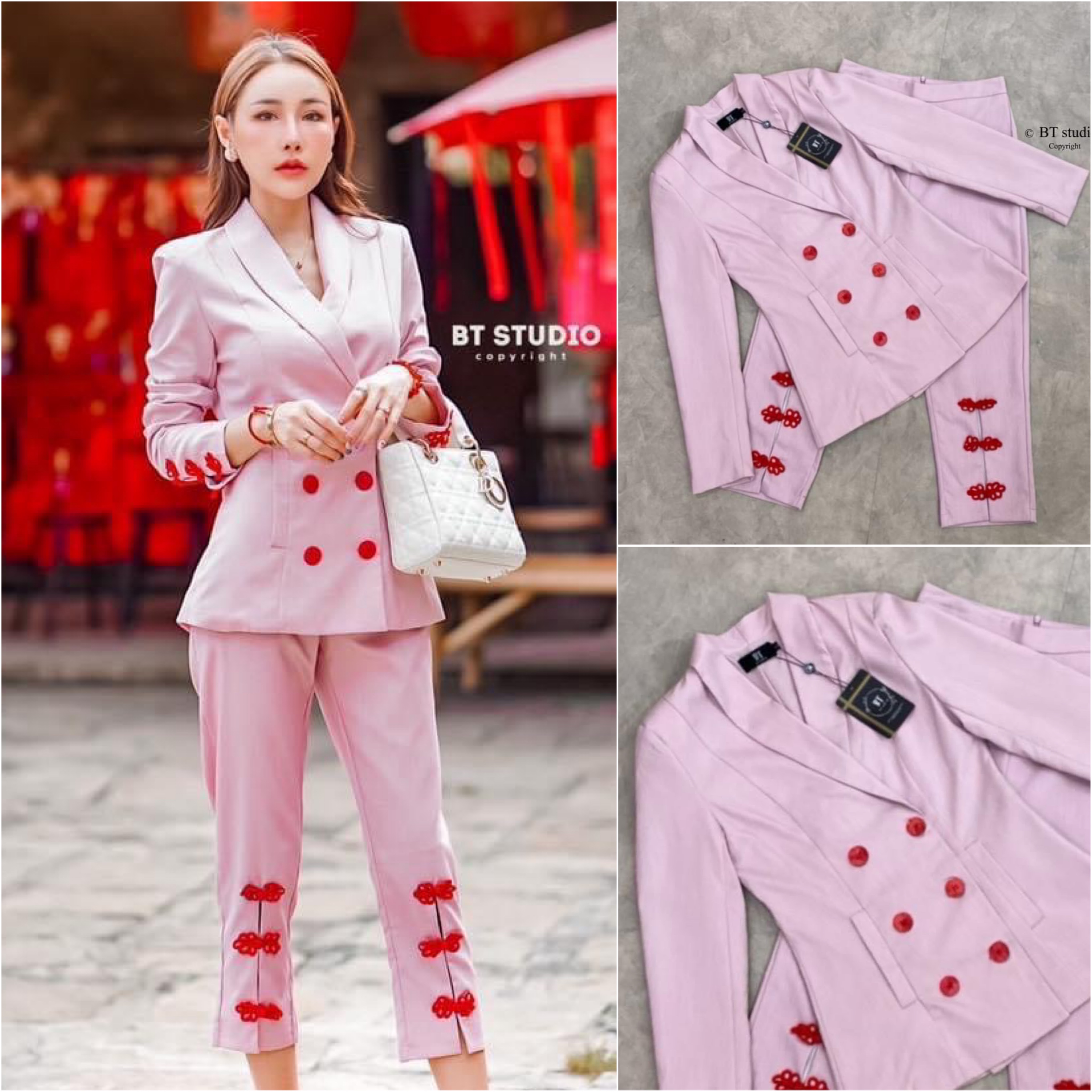 เซท 2 ชิ้น ชุดเบเซอร์แขนยาวสีชมพู แต่งกระดุมสีแดง 6 เม็ด แมทซ์กับกางเกงขา 5 ส่วนแต่งปลายขาด้วยกระดุมจีนสีแดง สินค้าคุณภาพ (พร้อมส่ง)