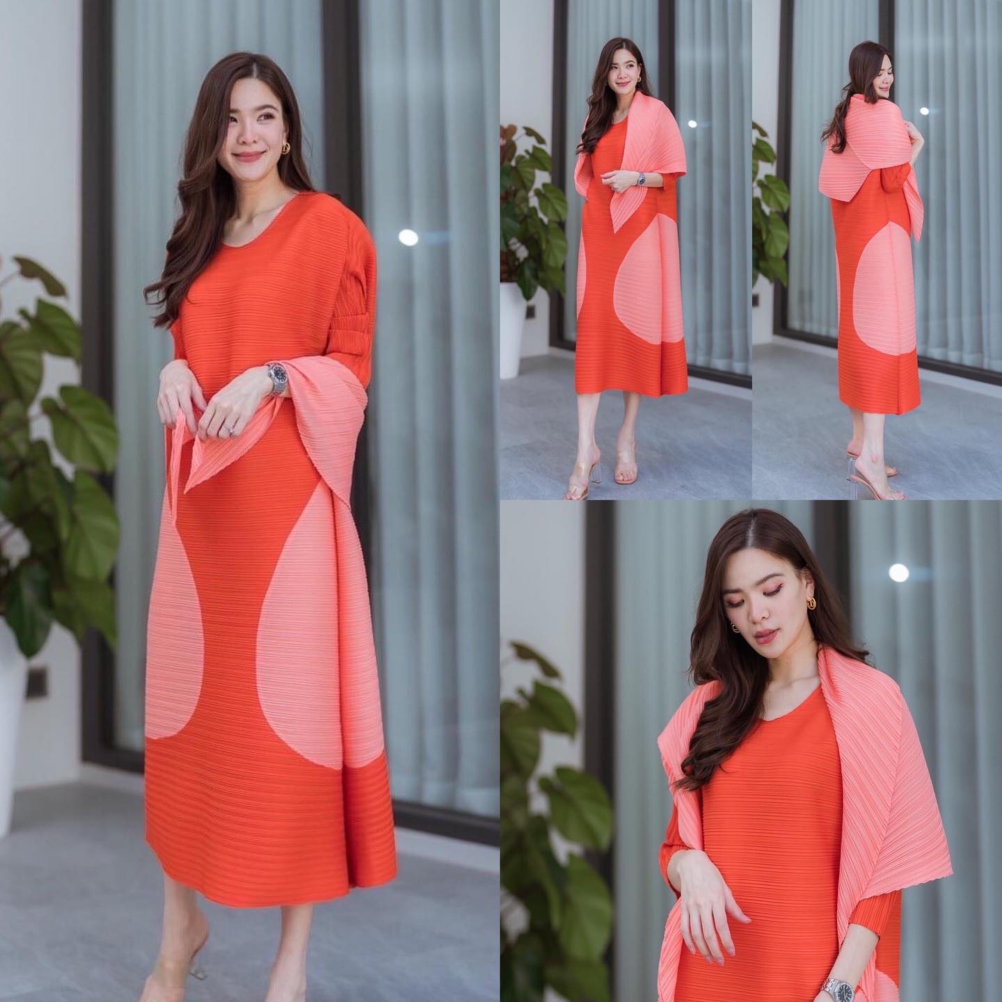 เดรสอัดพลีท คอกลมแขนยาว สวย Premium สินค้าคุณภาพ (พร้อมส่ง)