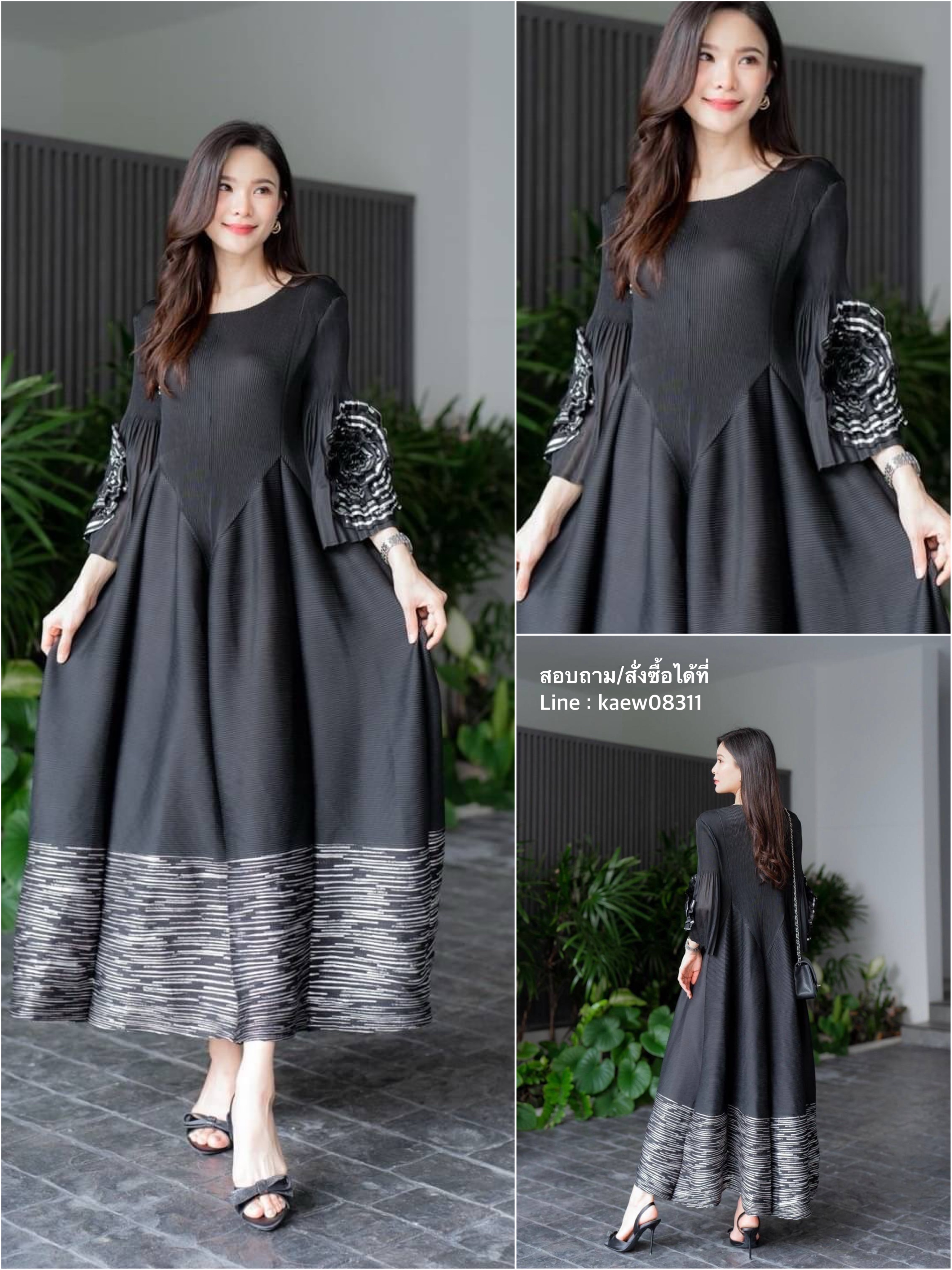 เดรสตัวยาวอัดพลีท คอกลม ทรงแขนตุ๊กตา แต่งพุ่มดอกกุหลาบชายแขน 🌹🌹เกรด Premium 👍🏻 ใส่สบาย : สินค้าคุณภาพ (พร้อมส่ง)