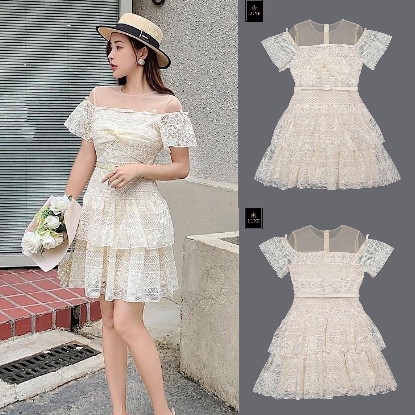 เดรสเสื้อคอกลมแขนสั้น กระโปรงบานทรงเอ ต่อชายระบาย2ชั้น คัตติ้งประณีต สินค้าคุณภาพ (พร้อมส่ง)