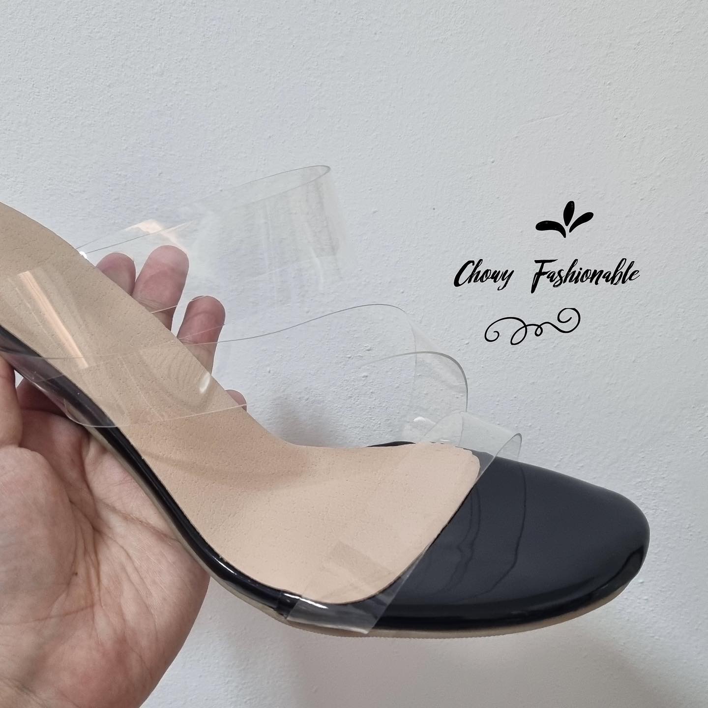 รองเท้าไซส์ใหญ่ 40 41 42 รองเท้าแตะส้นแก้วใส PUใส นิ่มมาก CHOWY KR0962BL
