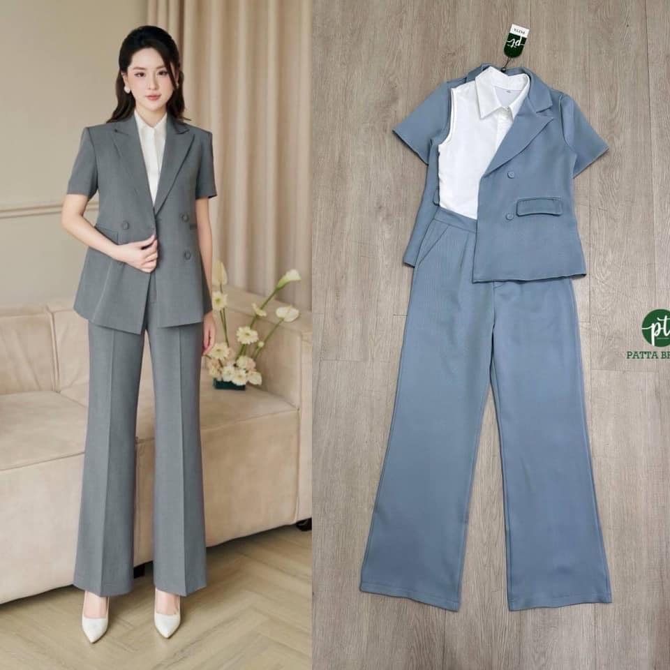 Set3ชิ้น สีเทาอมฟ้า เสื้อเบลเซอร์แขนสั้นมีกระดุมหน้าใช้งานได้จริง +เสื้อแขนกุดคอปกสีขาวตัวในมีกระดุมเรียงยาว+ กางเกงขายาวทรงกระบอกทรงสวย : สินค้าคุณภาพ (พร้อมส่ง)