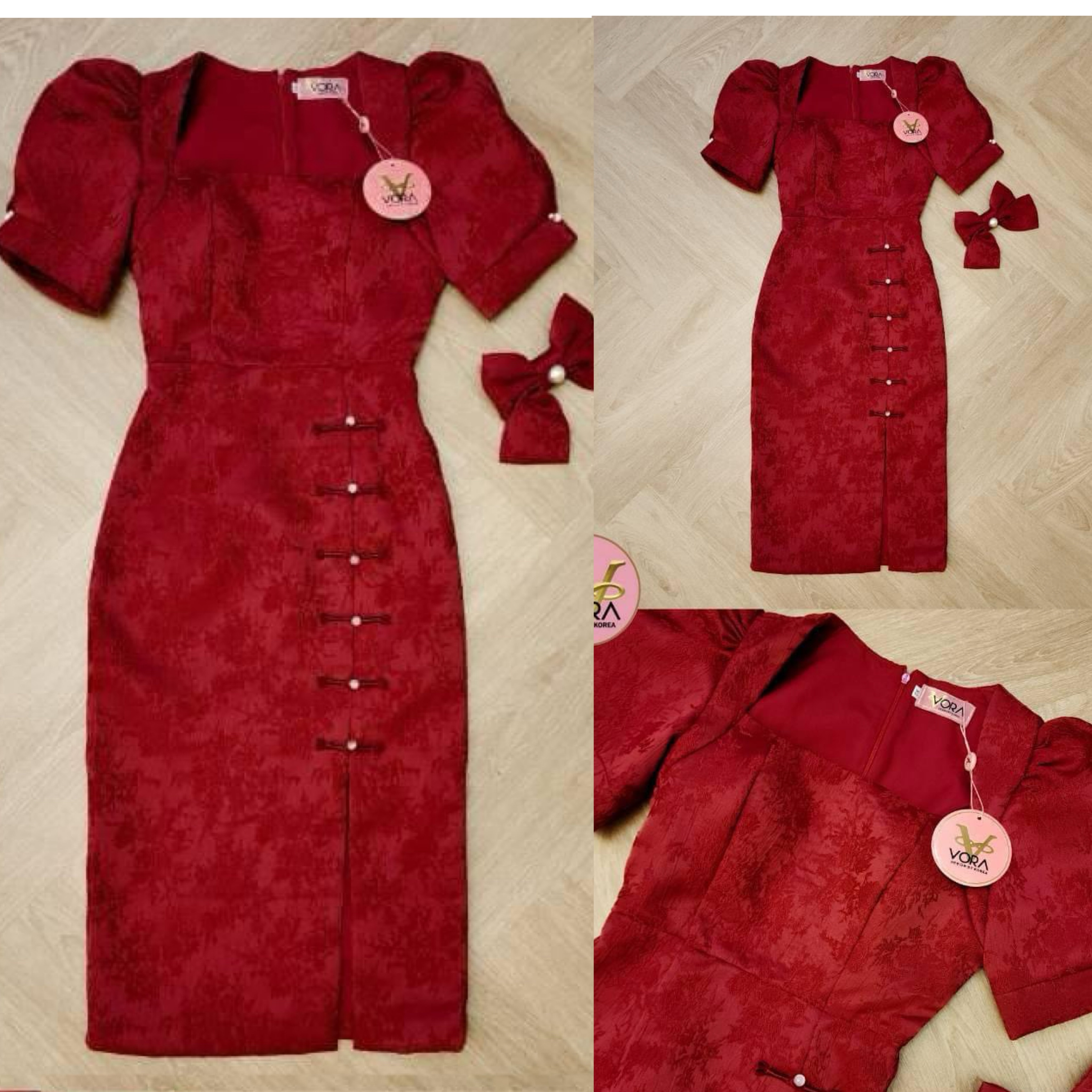 Dress ยาว แขนพองแต่งมุกด้านข้าง อกมีฟองน้ำจัดทรงให้ค่ะ ช่วงเอวเข้ารูป ผ่าปลาย กระโปรงด้านข้างแต่งกระดุมจีนเรียงด้านข้าง เนื้อผ้าอัดลายลูกไม้ทั้งชุด ใส่สบาย สินค้าคุณภาพ (พร้อมส่ง)