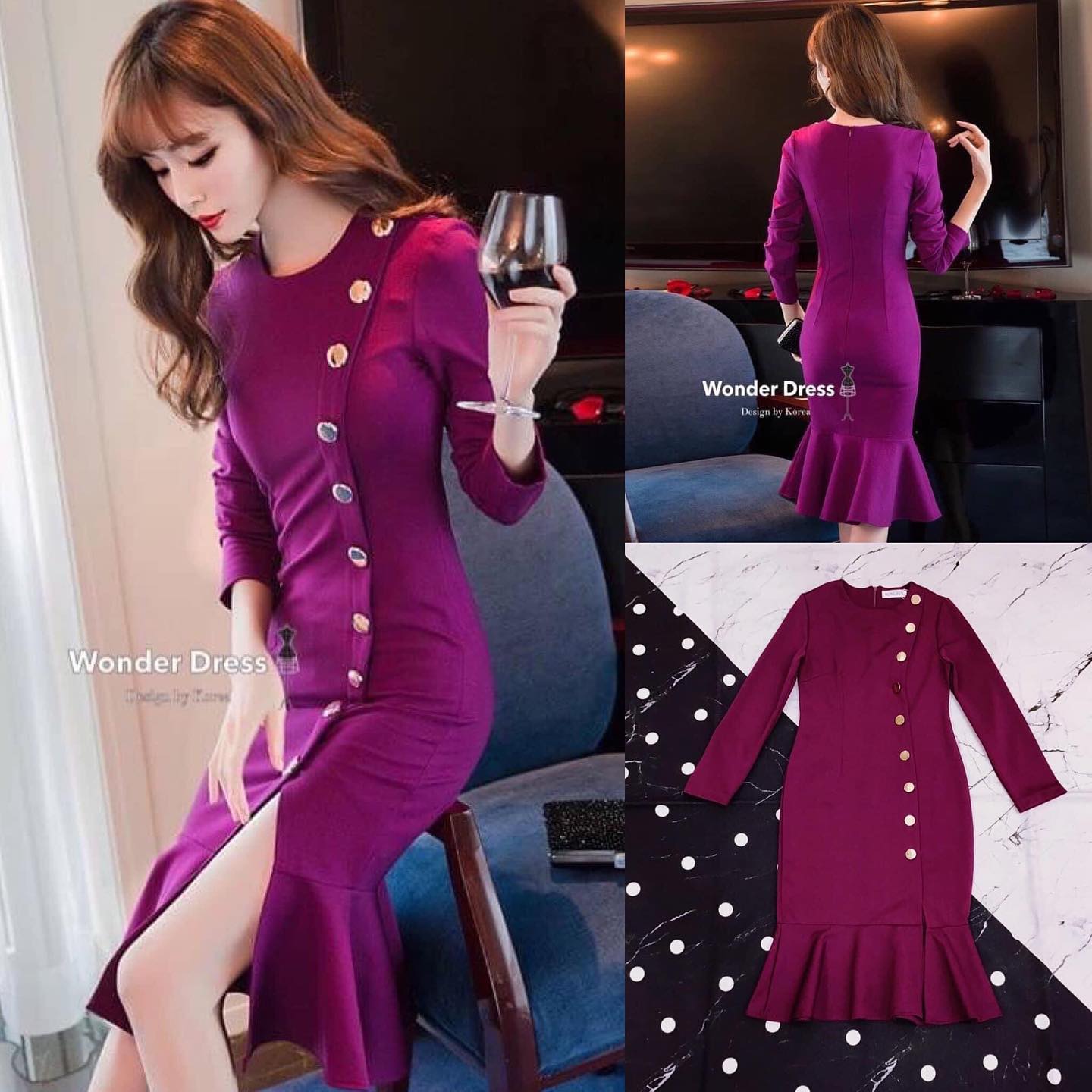 เดรสสีม่วงทรงสวย เนื้อผ้าโพลีเอสเตอร์ แต่งดีเทลกระดุมสีทองด้านหน้าสิบเม็ด ช่วงชายระบายหางปลา และแหวกขึ้นนิดๆค่ะ สวยหรู ดูดี สวมใส่ได้ตลอดเลยค่ะ สินค้าคุณภาพ (พร้อมส่ง)