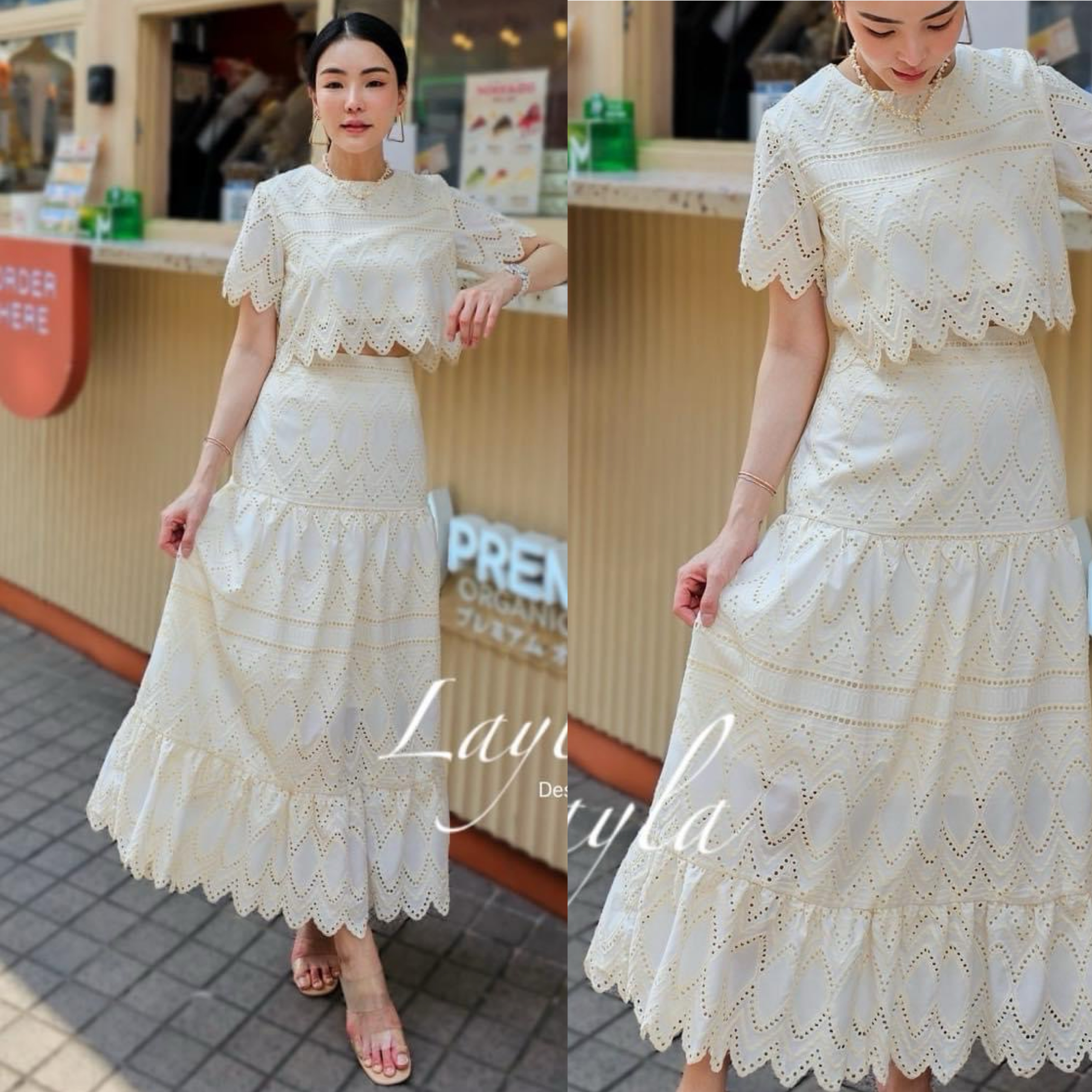 ชุดเซตผ้าปักฉลุลายเก๋ ตัวเสื้อเป็นทรงครอปชาย เชิงหยักมีซิปด้านหลัง แมทกับกระโปรงเอวสูง ใส่สบาย : สินค้าคุณภาพ (พร้อมส่ง)