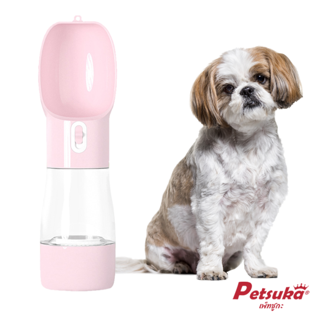 ขวดให้น้ำและอาหารสัตว์เลี้ยง Petsuka สำหรับสุนัขและแมว แบบพกพา 2in1 สีชมพู