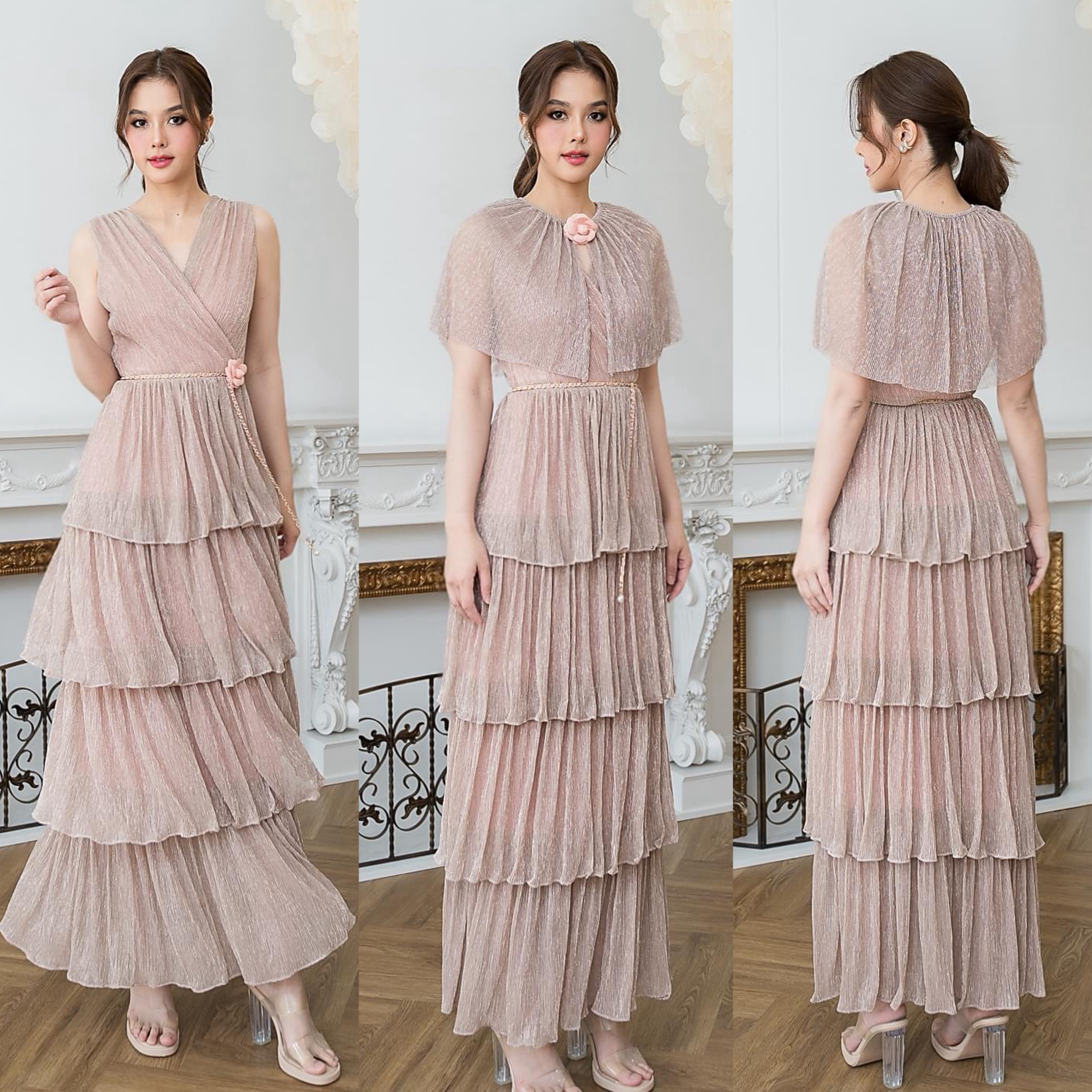 แม็กซี่เดรสคอวีป้ายแขนกุด มาพร้อม เสื้อคลุมติดกระดุมเปิดได้ กระโปรงบานจีบรูด ระบาย4ชั้น มาพร้อมโบว์สำหรับผูกเอว ทำจาก ผ้าราเม่ผสมดิ้นเมทัลลิค เนื้อนุ่มยืดหยุ่น มีซิป ซ่อนและซับในเต็มตัว ใส่สบาย : สินค้าคุณภาพ (พร้อมส่ง)