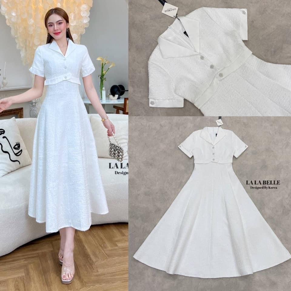 เดรสผ้าทวิตคอวีแต่งปกแขนสั้น ปลายแขนพับแต่งกระดุมด้านหน้า ใส่สบาย สินค้าคุณภาพ (พร้อมส่ง)