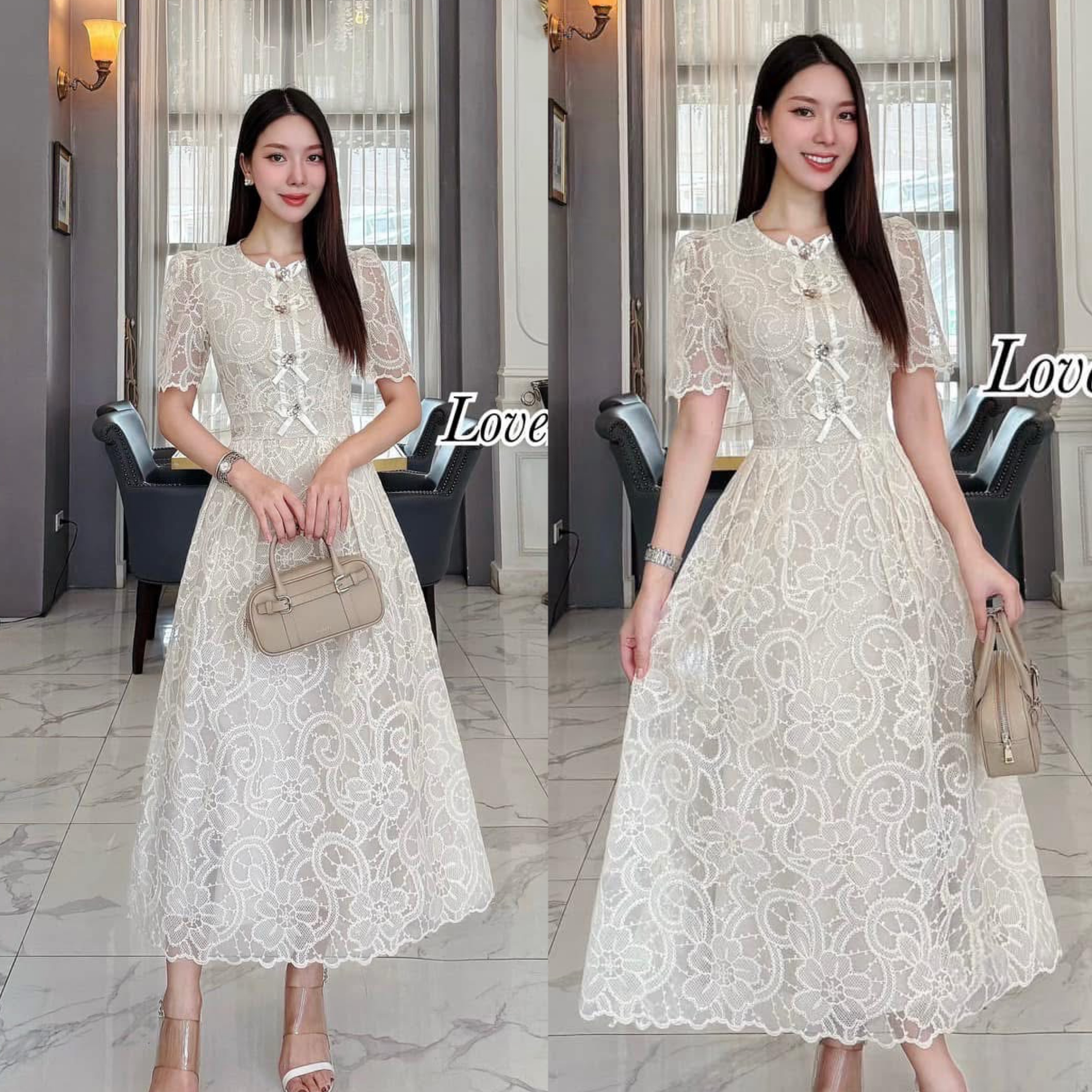 เดรสลูกไม้ แต่งกระดุมหน้า ทรงสวยน่ารักค่ะ เป็นเดรสลูกไม้ที่ใส่ง่ายและใส่สวย กระโปรงมีความบานกำลังดี ใส่สบาย : สินค้าคุณภาพ (พร้อมส่ง)