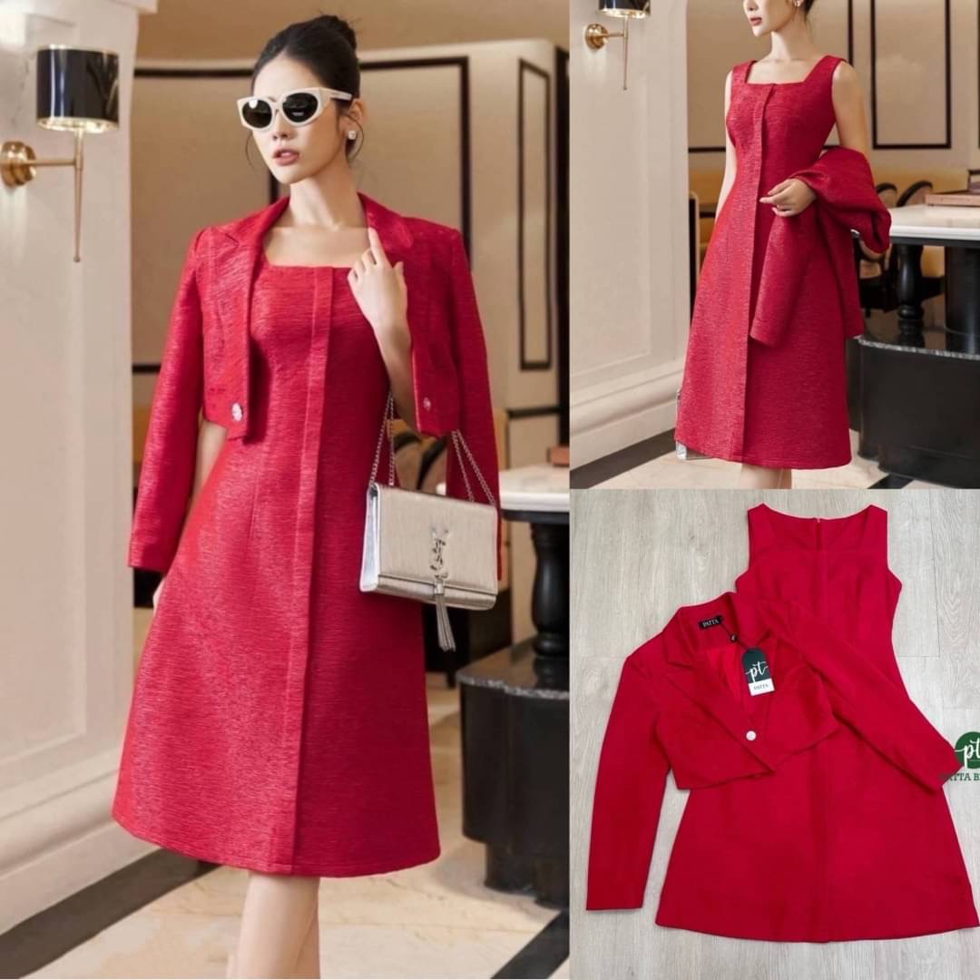 เซต2ชิ้นสีแดง เดรสแขนกุดผ้าอัดย่นลายเปลือกไม้ เย็บซับในอย่างดี เสื้อคลุมครอปตัวสั้นแขนยาว สินค้าคุณภาพ (พร้อมส่ง)