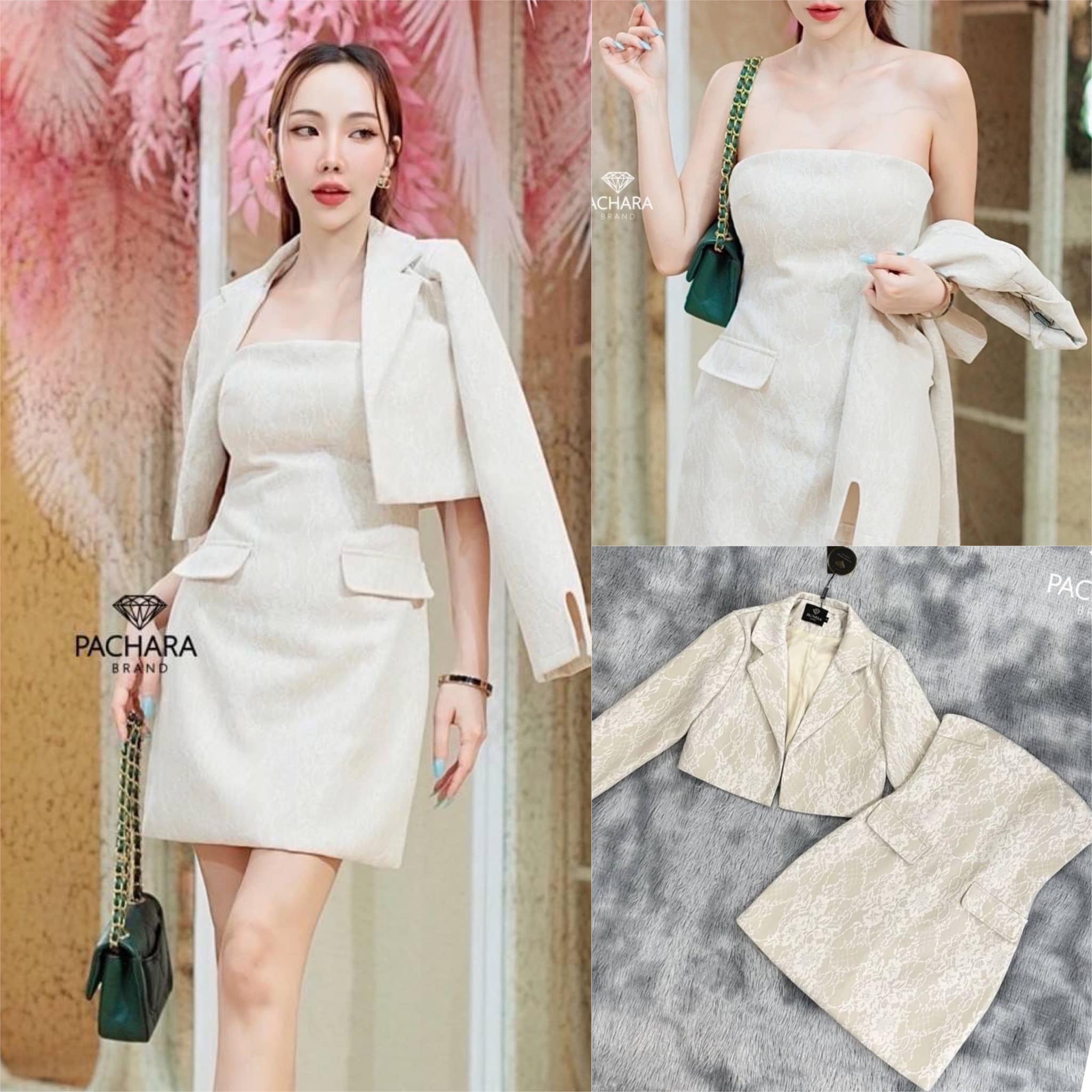 เซ็ต 2 ชิ้น เสื้อครอปสูทแขนยาวสีครีม เนื้อผ้าหนาปักลายลูกไม้สีขาว คู่กับเดรสสั้นเกาะอกทรงเข้ารูป งานมีซับในอัดกาวอย่างดี สินค้าคุณภาพ (พร้อมส่ง)