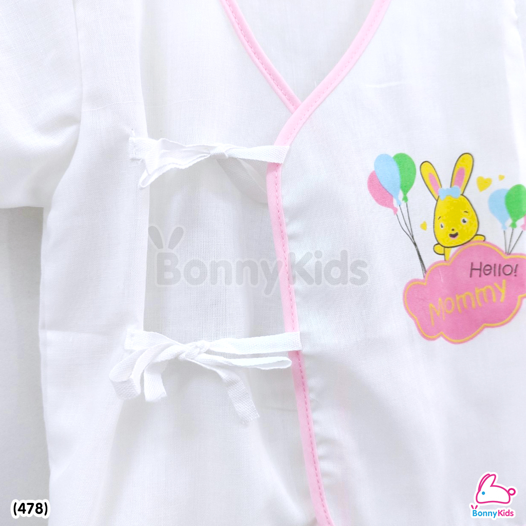 (478) ชุดเด็กแรกเกิดผูกหน้าผ้าป่าน (พื้นขาว) แพ็ค 6 ชุด