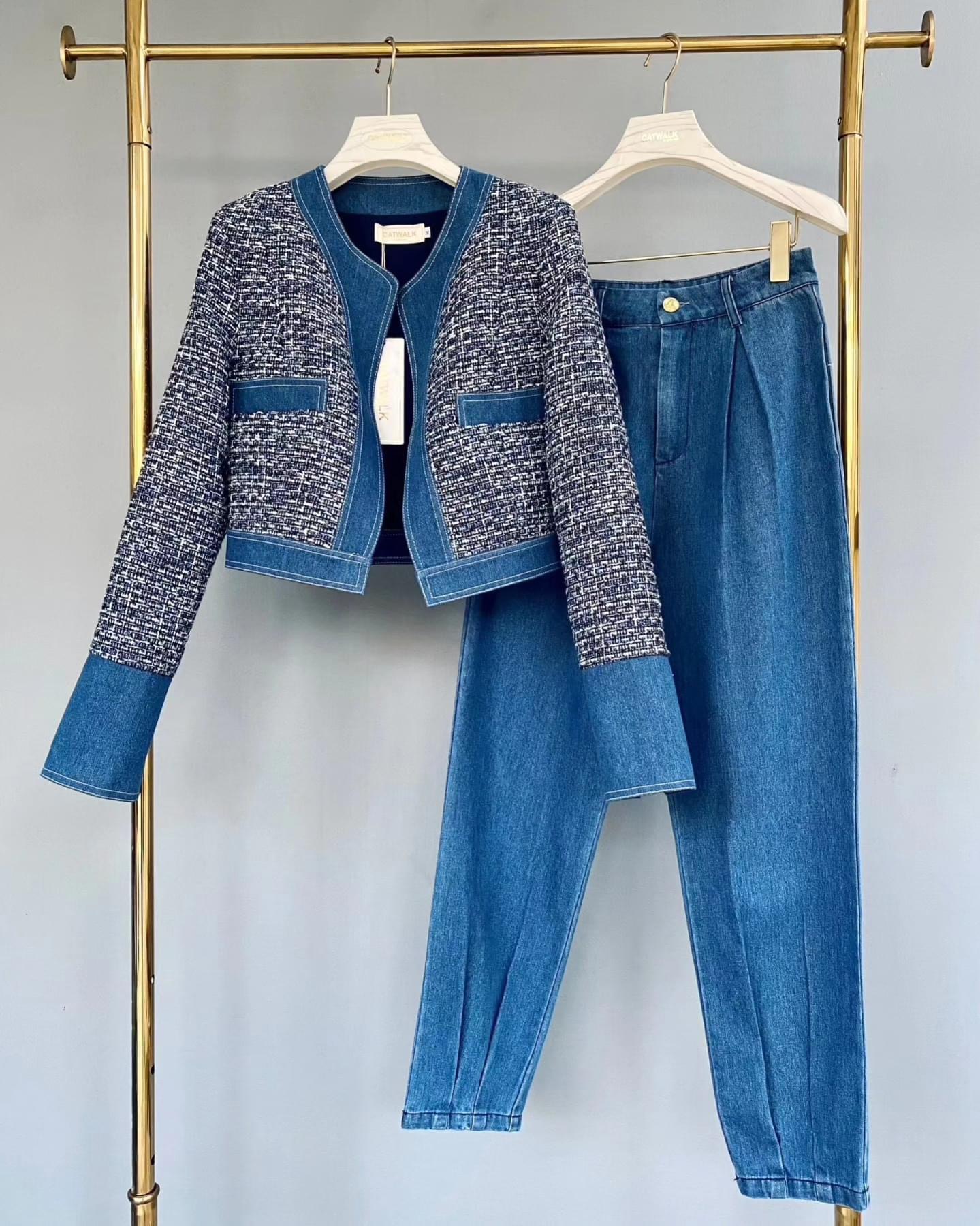 เซตแจ็คเก็ตทวิตแต่งขอบยีนส์+กางเกงขายาวทรงสวย เนื้อผ้าทวิตเกรดเอ ตัวแจ็คเก็ตเป็นทรงใส่สบายๆ งานhiend ใส่สบาย สินค้าคุณภาพ (พร้อมส่ง)