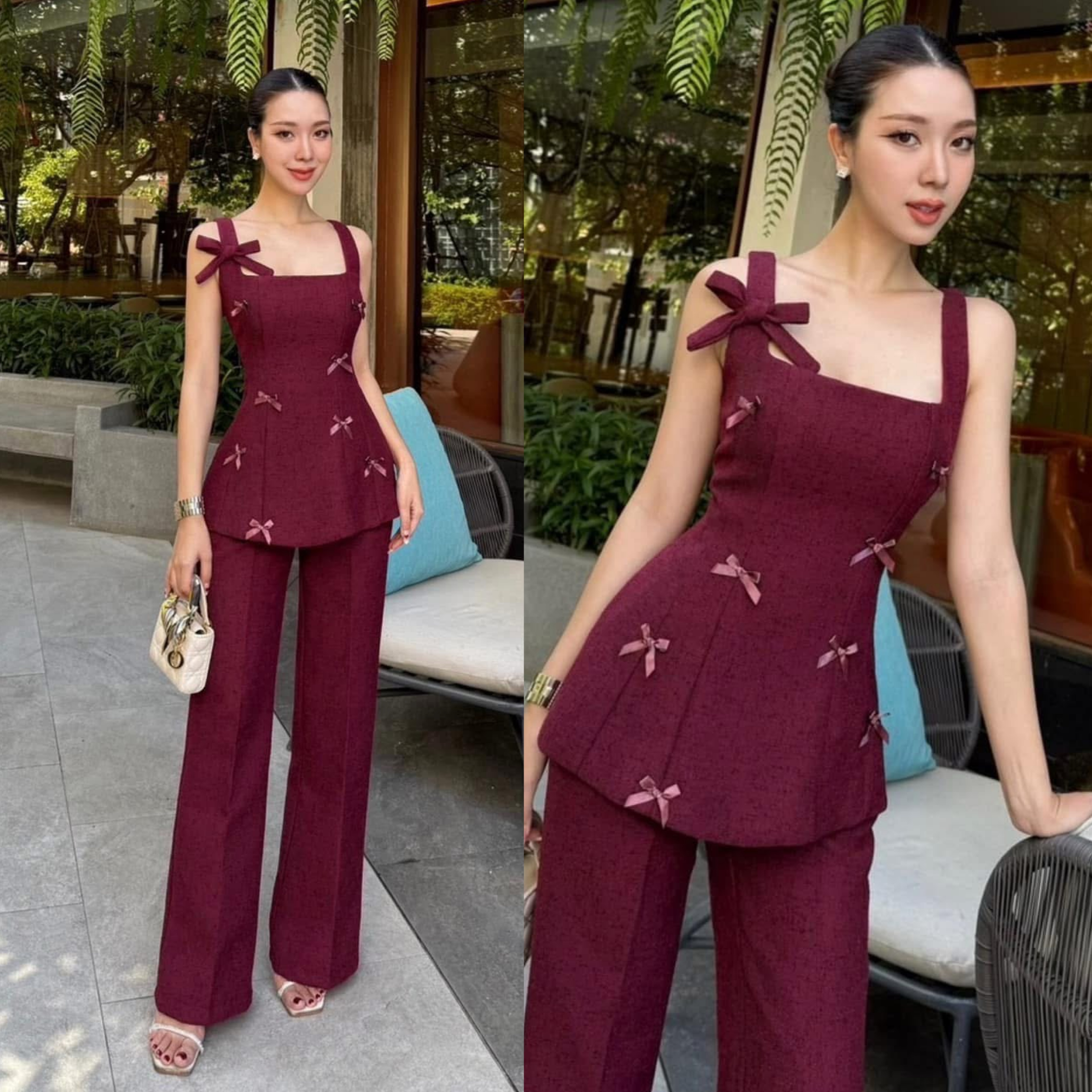 เซตเสื้อแต่งโบว์และกางเกงขายาว ทรงสวยเนื้อผ้าทวีด ในโทนสีสุดคลาสสิค ใส่สบาย : สินค้าคุณภาพ (พร้อมส่ง)