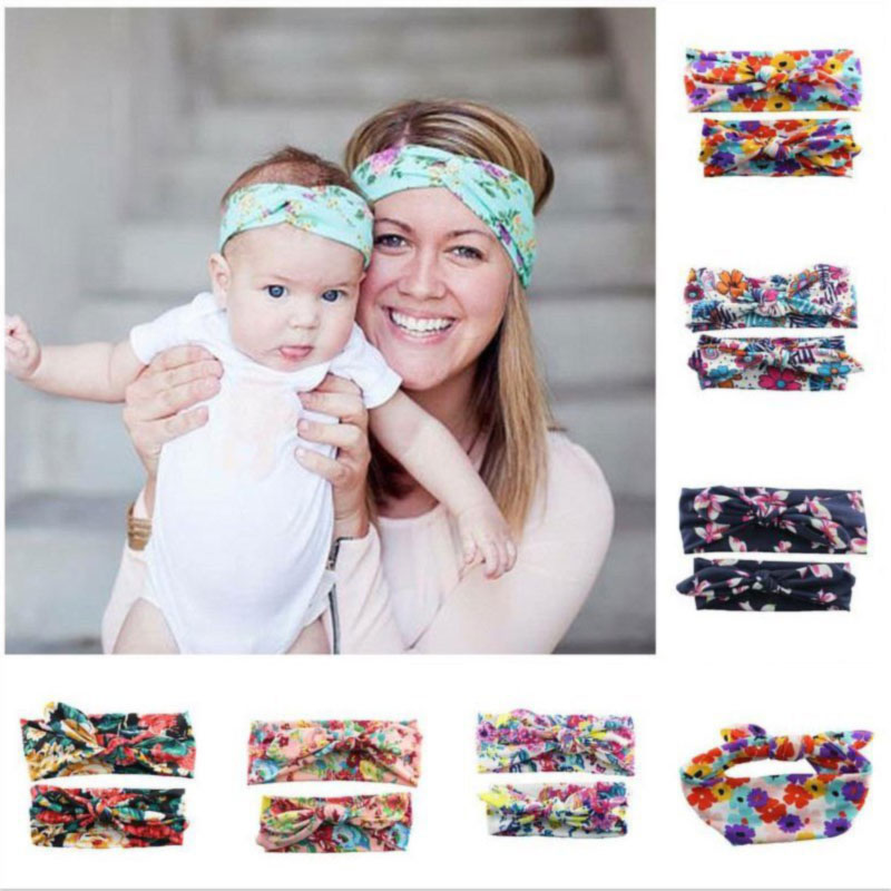 [แพคคู่] ผ้าคาดผมเกาหลี ผ้าคาดผมหญิง คู่แม่+ลูก ผ้าคาดผมเด็กอ่อน ผ้าคาดผมทารก และคุณแม่ โบว์หูกระต่ายดอกไม้ Retro