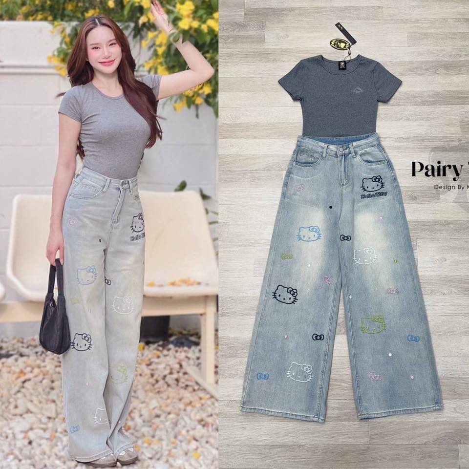Set เสื้อยืดสีเทาเข้มปักลายคิตตี้หน้าหลังตัดต่อผ้าตาข่ายซีทรูเบาๆ เก๋มาก แมตกางเกงยีนขายาวสีฟอง ปักลายคิตตี้น่ารักมากๆๆ ใส่สบาย : สินค้าคุณภาพ (พร้อมส่ง)