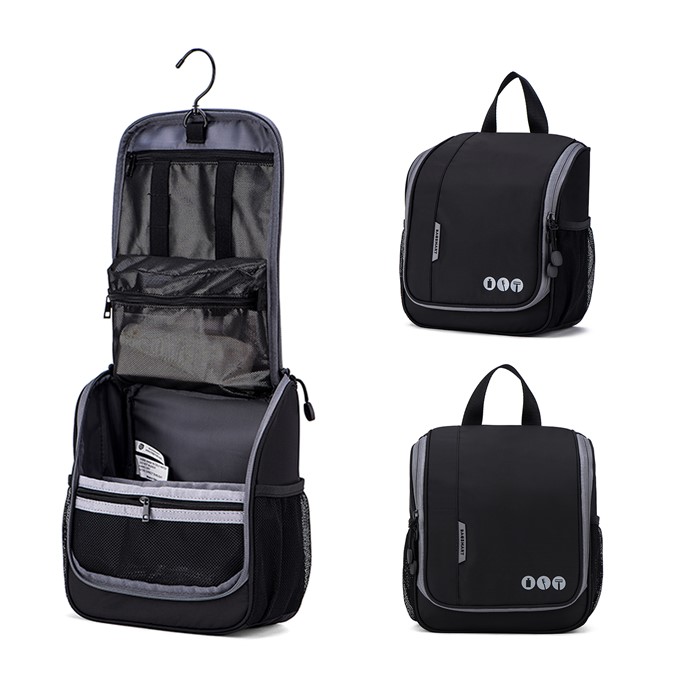 Bagsmart กระเป๋าใส่อุปกรณ์อาบน้ำ คุณภาพสูง ใส่อุปกรณ์อาบน้ำ แขวนได้ มีช่องใส่ด้านข้างสองด้าน สำหรับเดินทาง ท่องเที่ยว (Black-Grey)