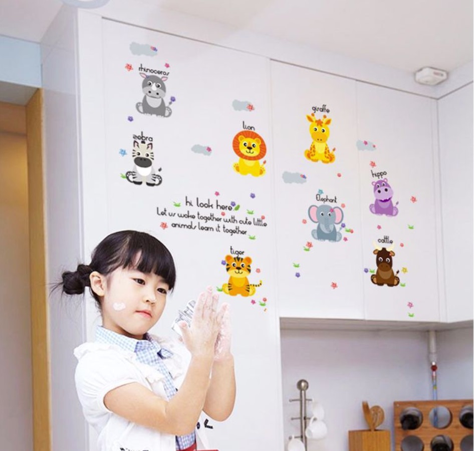 สติ๊กเกอร์แต่งห้อง DIY ลายเพื่อนสัตว์น้อยเรียนรู้ Together Learning Animals ลอกออกแล้วติดซ้ำได้