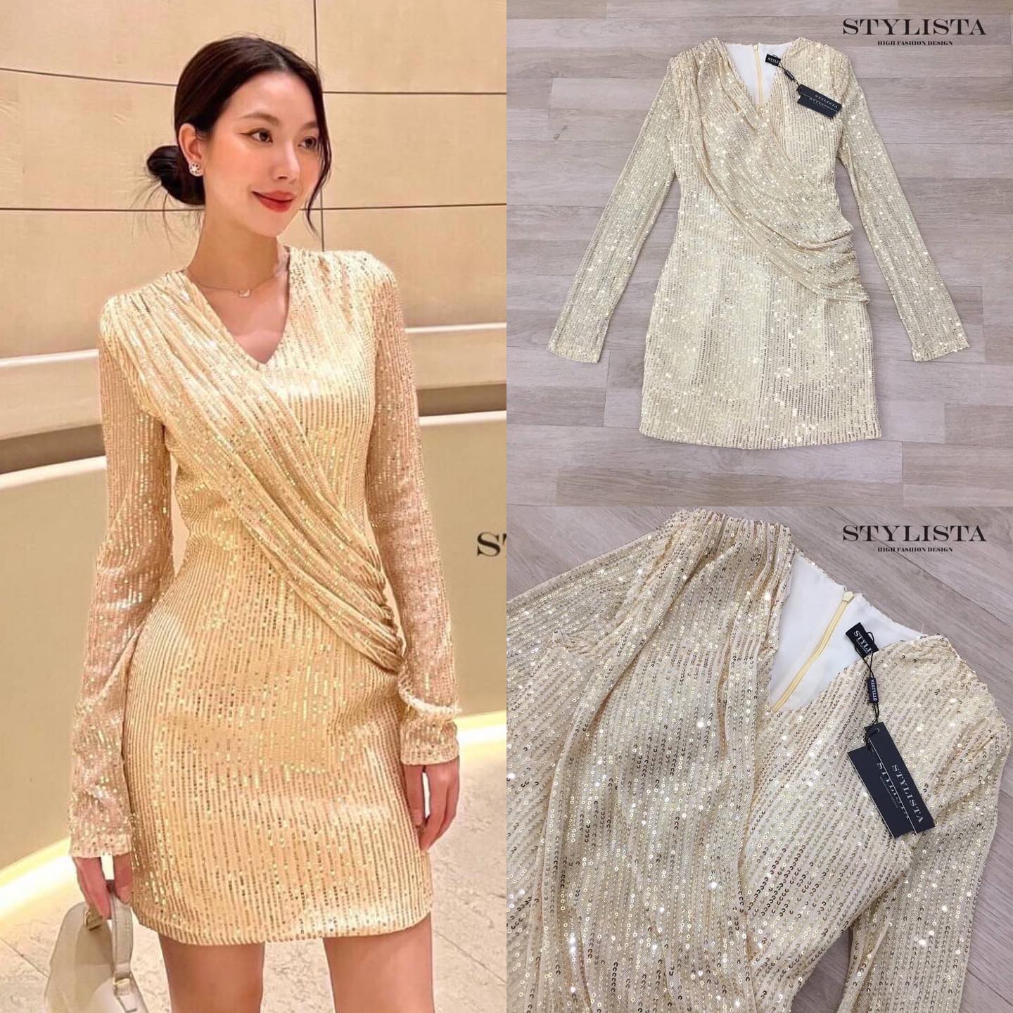 เดรสแขนยาวปักกลิกเตอร์ทองทั้งชุด สวยมาก ใส่ออกงานหรูๆ ดูดีเหมือนเซเลปเลยค่ะ สินค้าคุณภาพ (พร้อมส่ง)