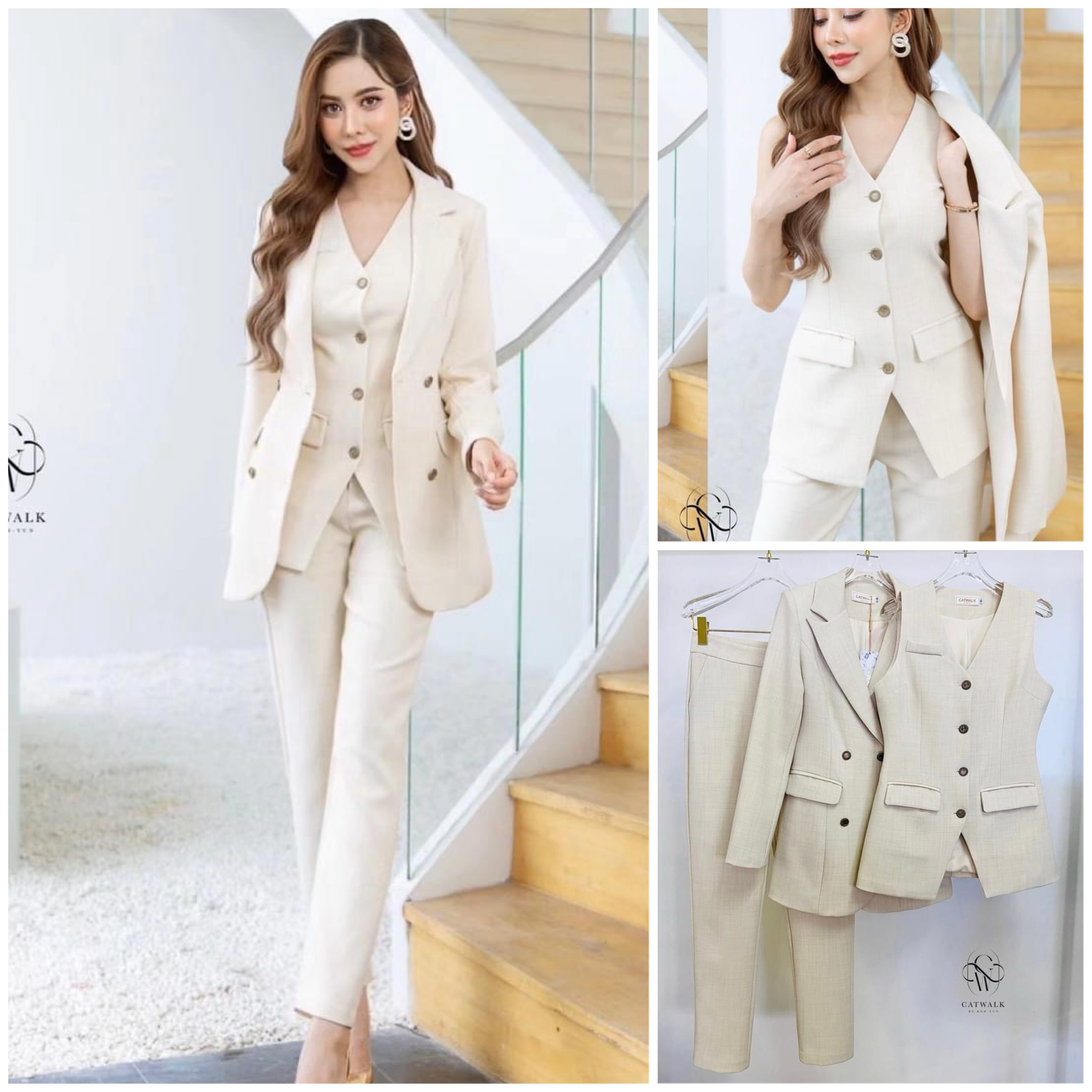 เซตBLAZER3ชิ้น ตัว BLAZER เป็นทรงเข้ารูป +เสื้อกั๊กครอปแขนกุด ทรงเข้ารูปคอวีใส่ไว้ด้านใน+กางเกงทรงขากระบอกเล็ก งานผ้าเกรดเอ เนื้อผ้ามีลายทอในตัว ใส่สบาย สินค้าคุณภาพ (พร้อมส่ง)