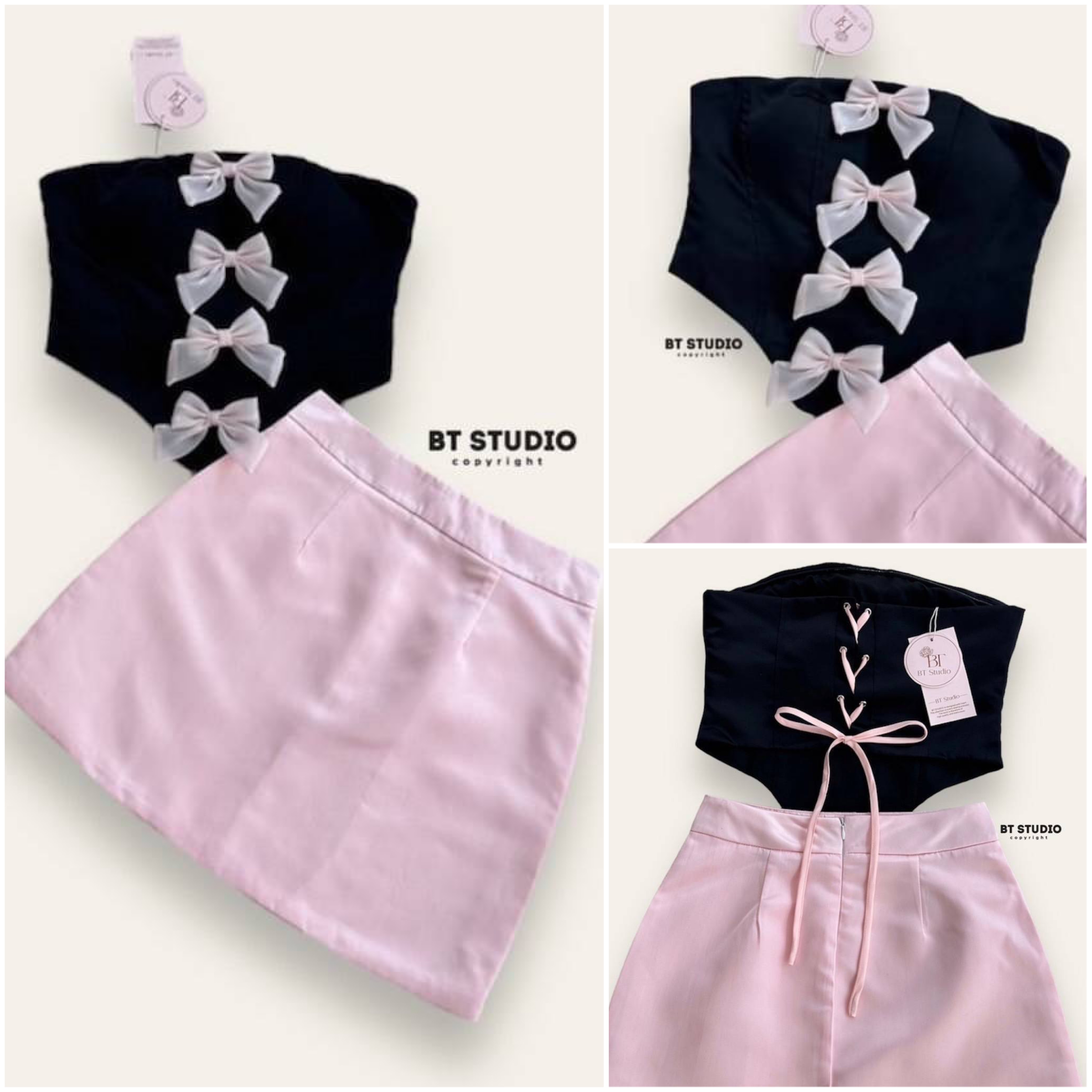 เซท 2 ชิ้น เสื้อครอปเกาะอกสีดำปลายชายแต่งเว้าสามเหลี่ยม อกเสริมฟองน้ำ มาพร้อมกระโปรงสั้นสีชมพู มีซับใน คัตติ๊งเป๊ะ สินค้าคุณภาพ (พร้อมส่ง)