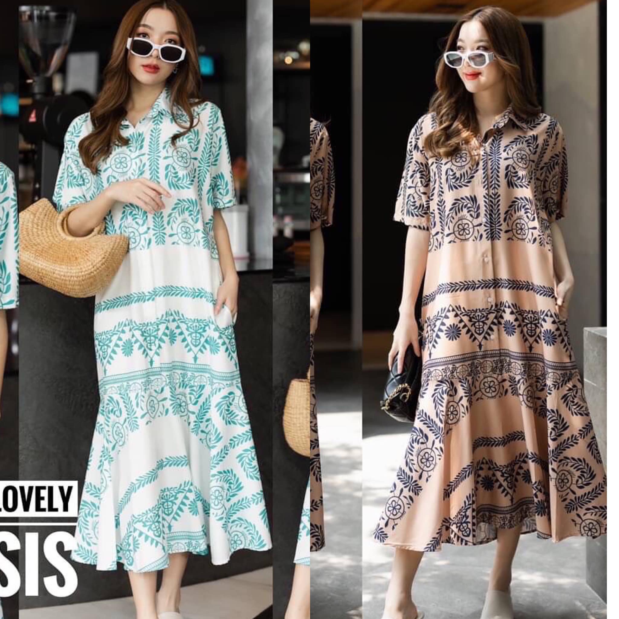 เดรสคอปกแขนสั้น เนื้อผ้าไหมอิตาลี่ พริ้วลื่นเย็นสบายพิมพ์ลายคมชัด แต่ง กระดุมเรียงแกะได้จริง ต่อชายระบาย ทรงสวย มีกระเป๋าสองข้างสะโพก ชุดเดียวจบ สินค้าคุณภาพ (พร้อมส่ง)