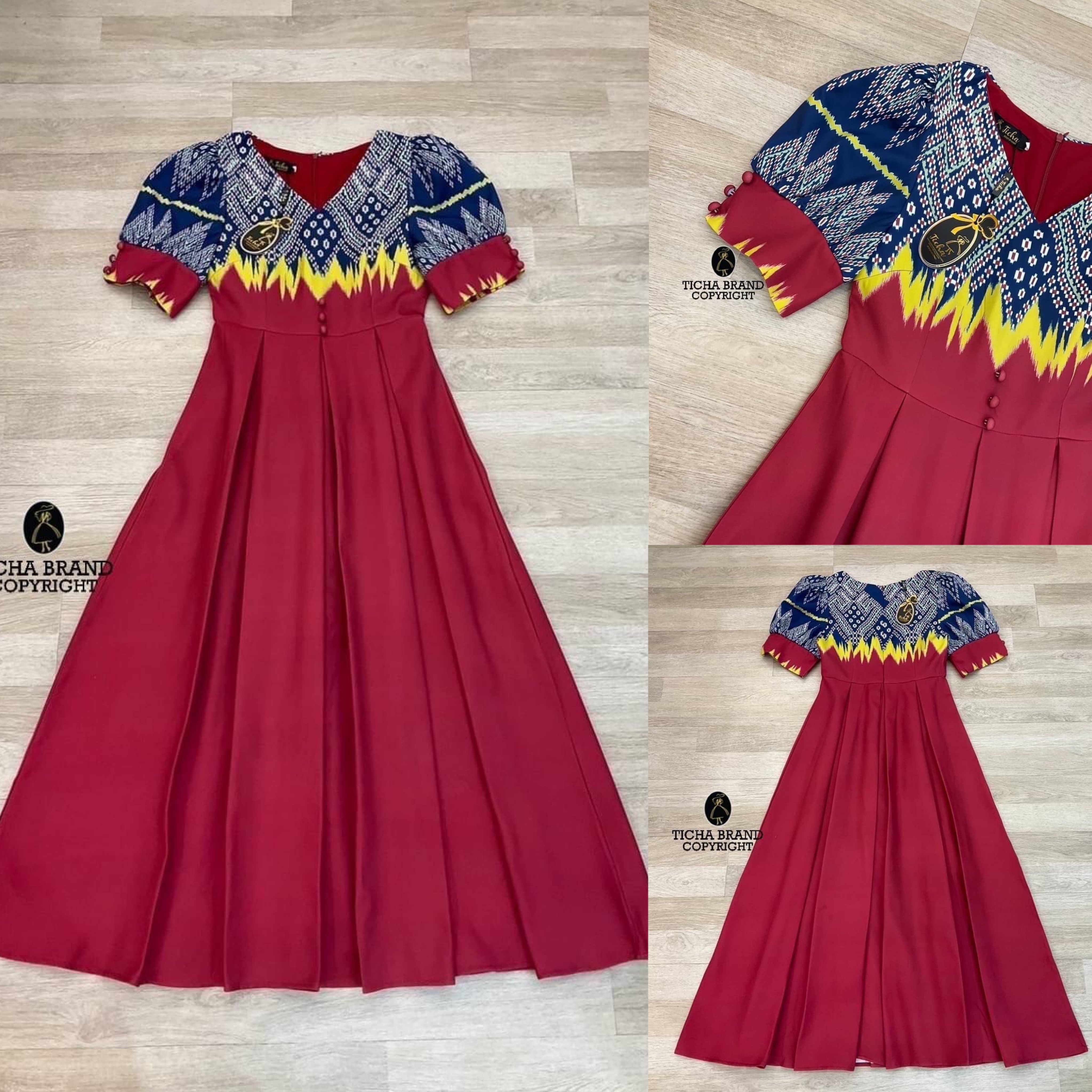 Maxi เดรสพิมพ์ลายไทยสลับสี สวยหรูมากๆ เดรสแขนตุ๊กตาคอวี อกเย็บแต่งกระดุมหลอกและพิมลายไทย ช่วงกระโปรงแต่งสีเรียบและดีไซน์เย็บจับจีบ ทรงย้วย สวยมาก งานซิปหลัง เย็บซับในอย่างดี สินค้าคุณภาพ (พร้อมส่ง