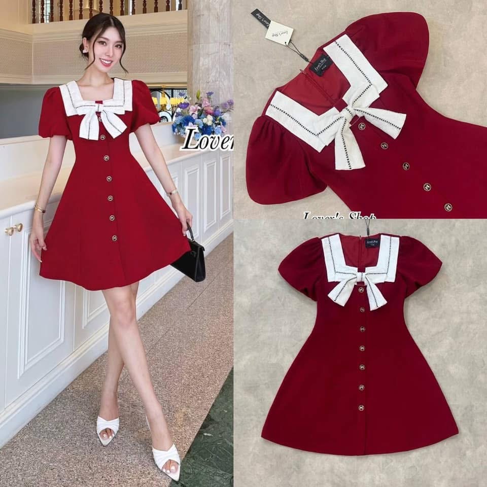 เดรสกระโปรง ลุคลูกคุณหนูทรงแขนตุ๊กตาน่ารัก แต่งปกโบว์ผ้าลูกไม้ ใส่สบาย : สินค้าคุณภาพ (พร้อมส่ง)